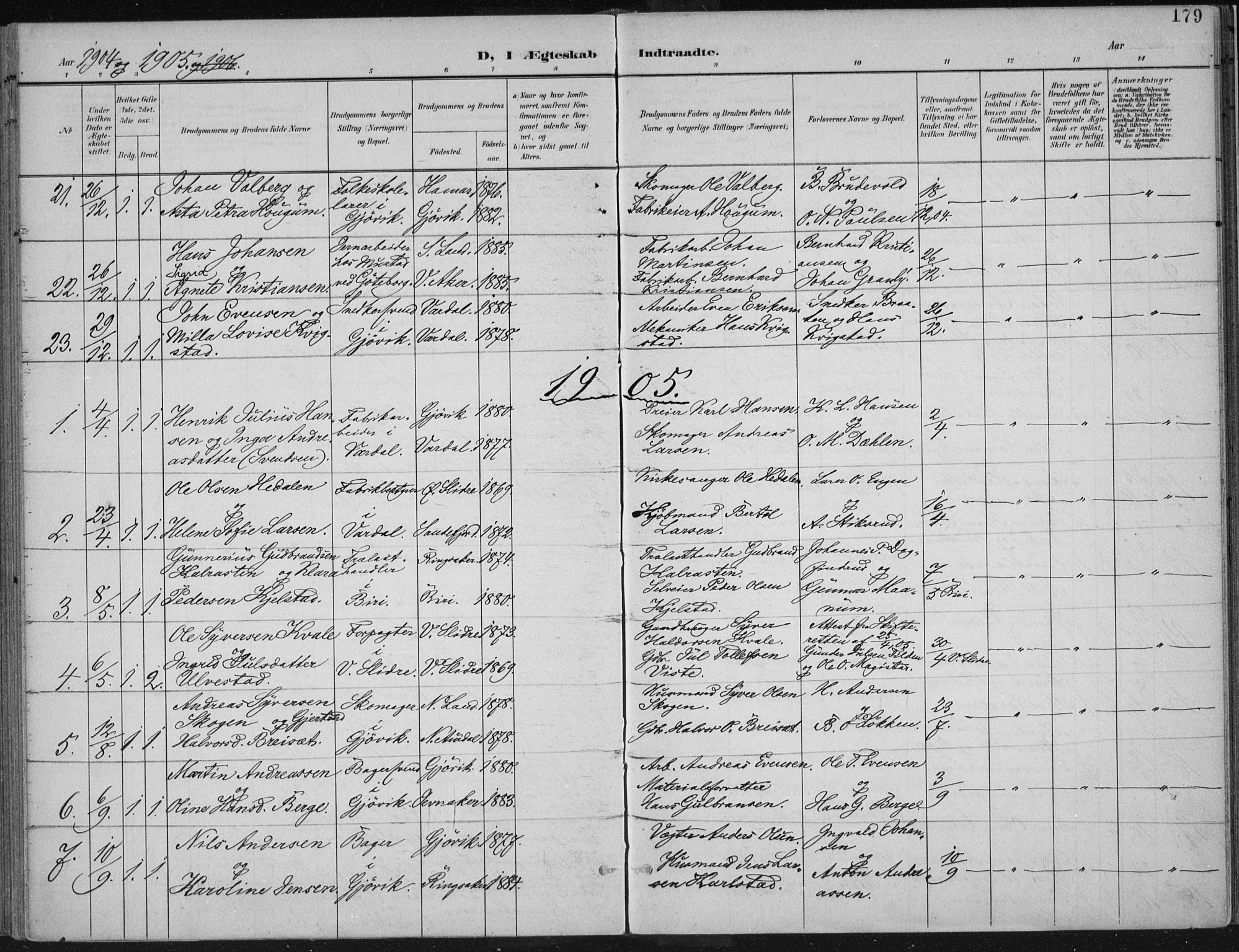 Vardal prestekontor, SAH/PREST-100/H/Ha/Haa/L0013: Parish register (official) no. 13, 1901-1911, p. 179