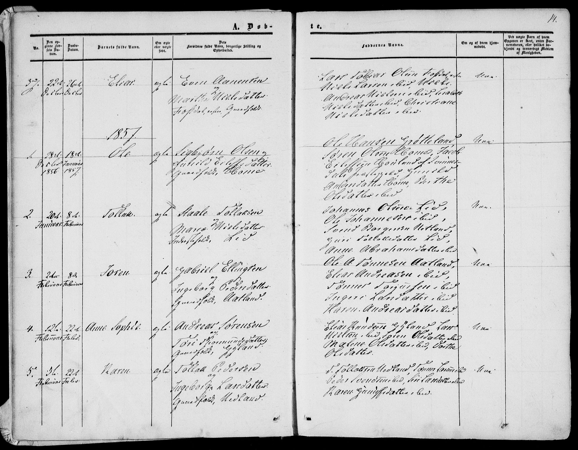 Bakke sokneprestkontor, SAK/1111-0002/F/Fa/Fab/L0002: Parish register (official) no. A 2, 1855-1884, p. 14