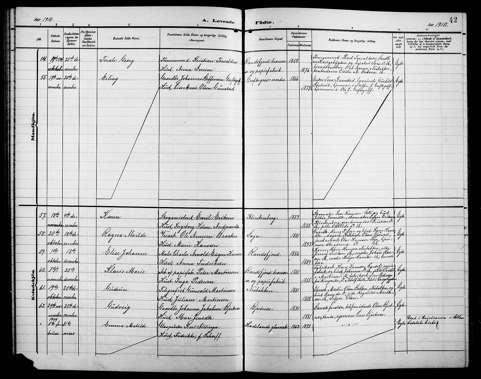 Jevnaker prestekontor, SAH/PREST-116/H/Ha/Hab/L0004: Parish register (copy) no. 4, 1907-1918, p. 42