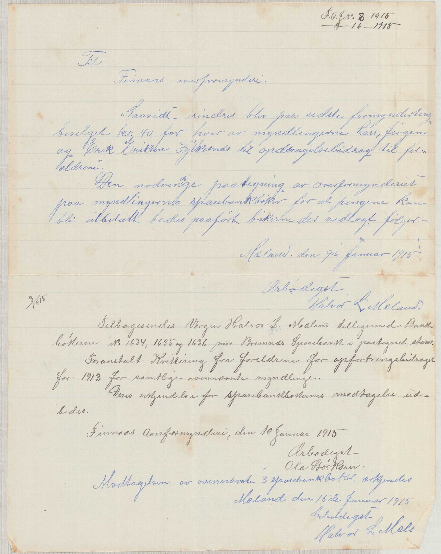 Finnaas kommune. Overformynderiet, IKAH/1218a-812/D/Da/Daa/L0003/0001: Kronologisk ordna korrespondanse / Kronologisk ordna korrespondanse, 1914-1916, p. 42