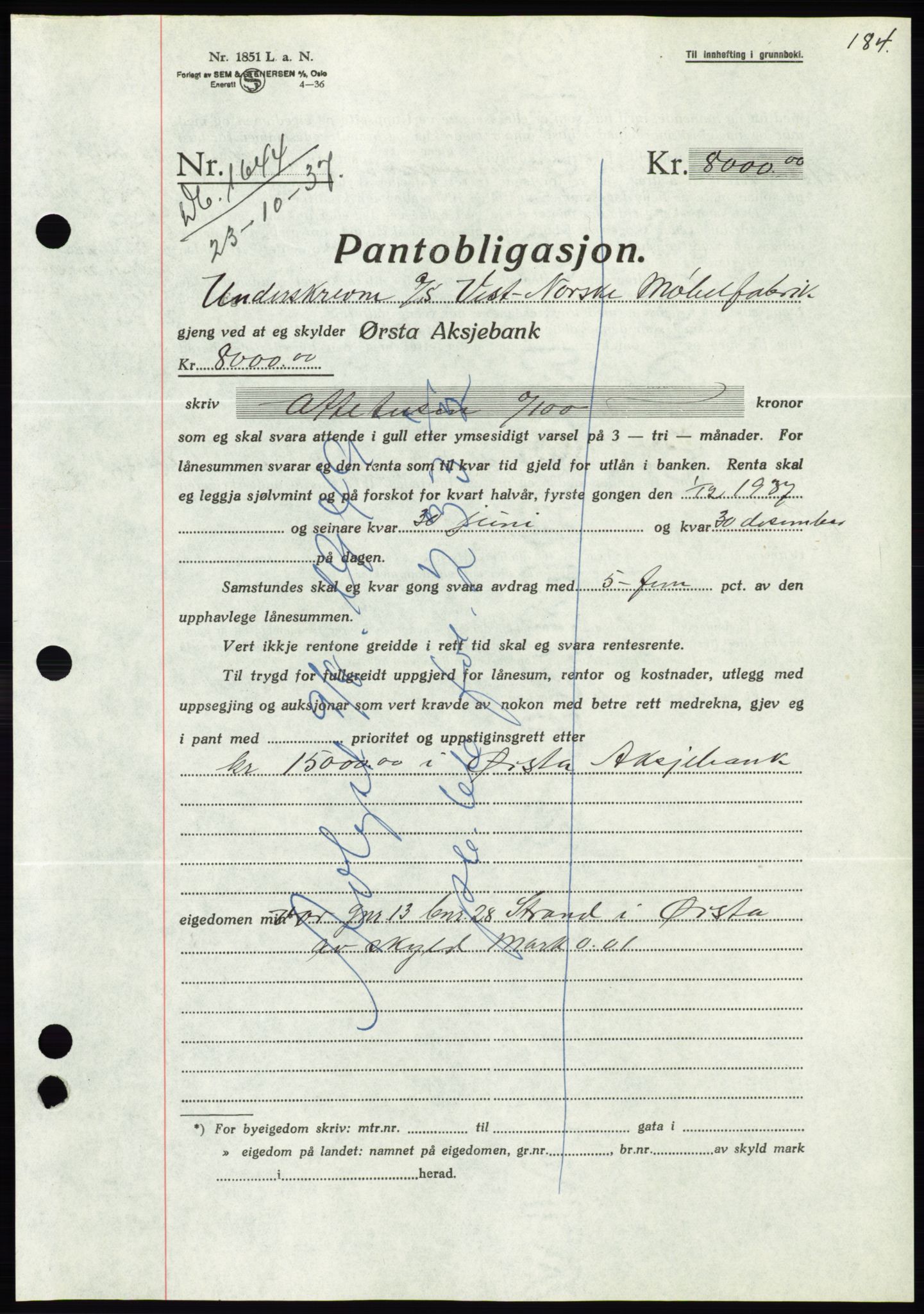 Søre Sunnmøre sorenskriveri, AV/SAT-A-4122/1/2/2C/L0064: Mortgage book no. 58, 1937-1938, Diary no: : 1644/1937