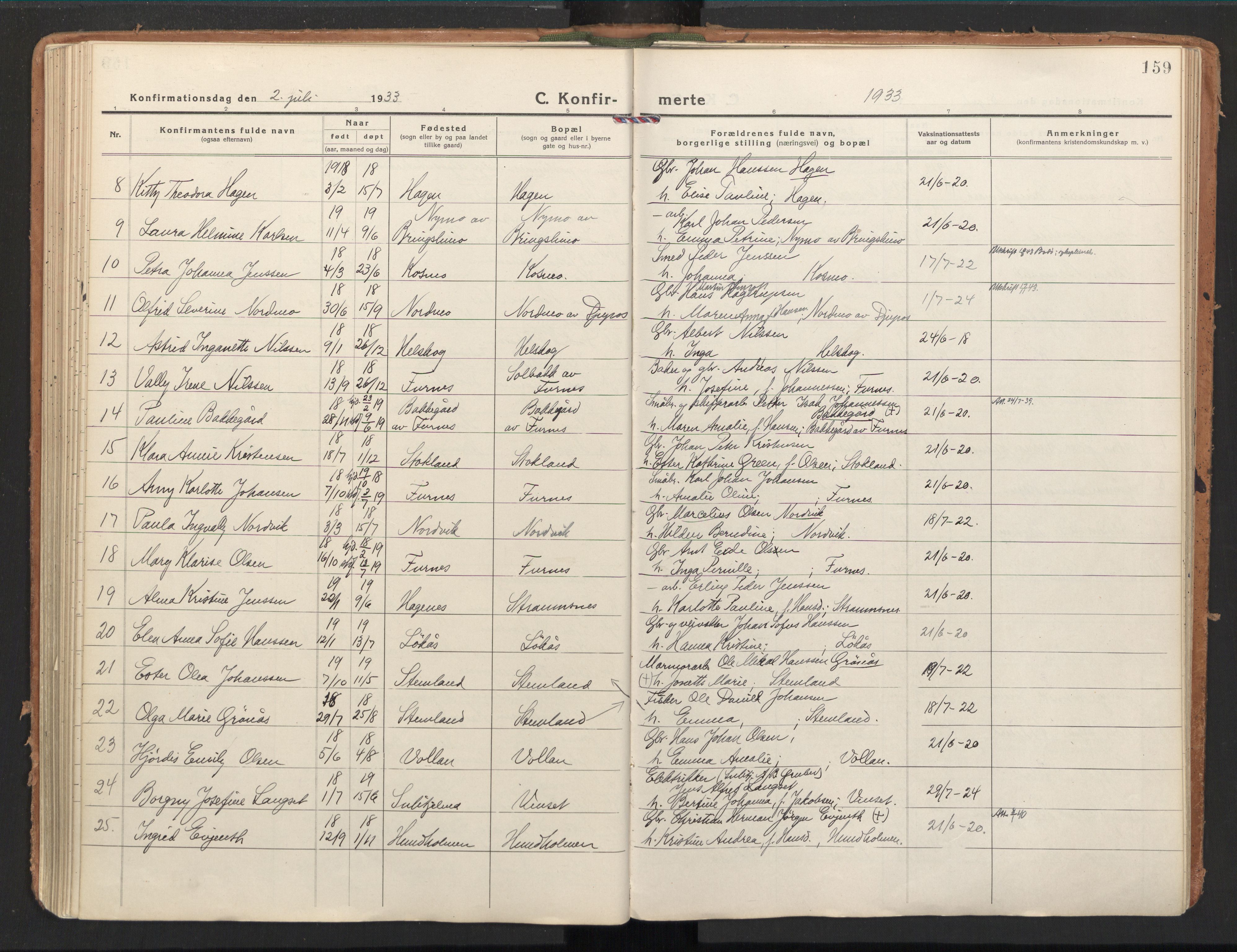 Ministerialprotokoller, klokkerbøker og fødselsregistre - Nordland, SAT/A-1459/851/L0725: Parish register (official) no. 851A02, 1922-1944, p. 159