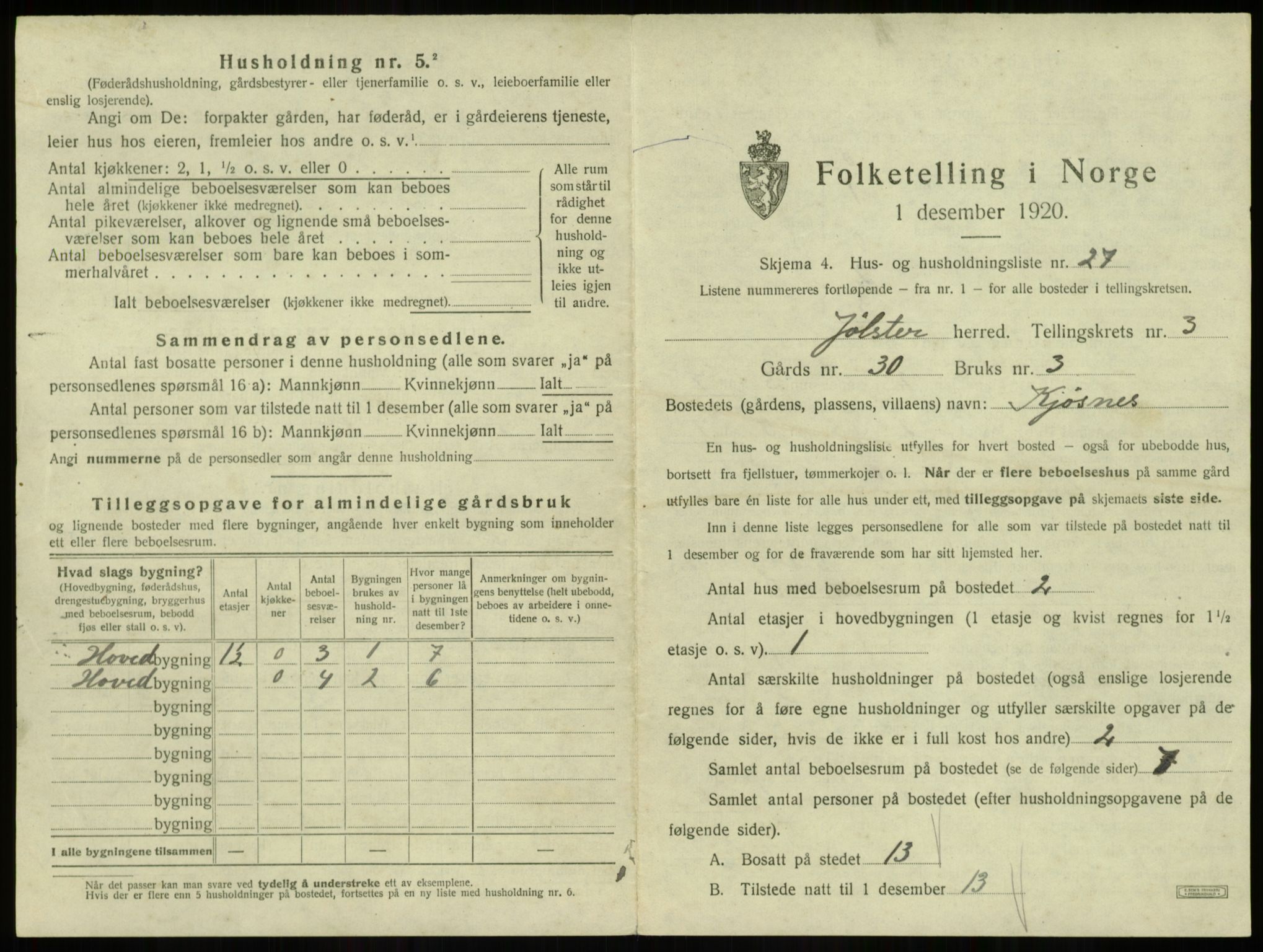 SAB, 1920 census for Jølster, 1920, p. 267