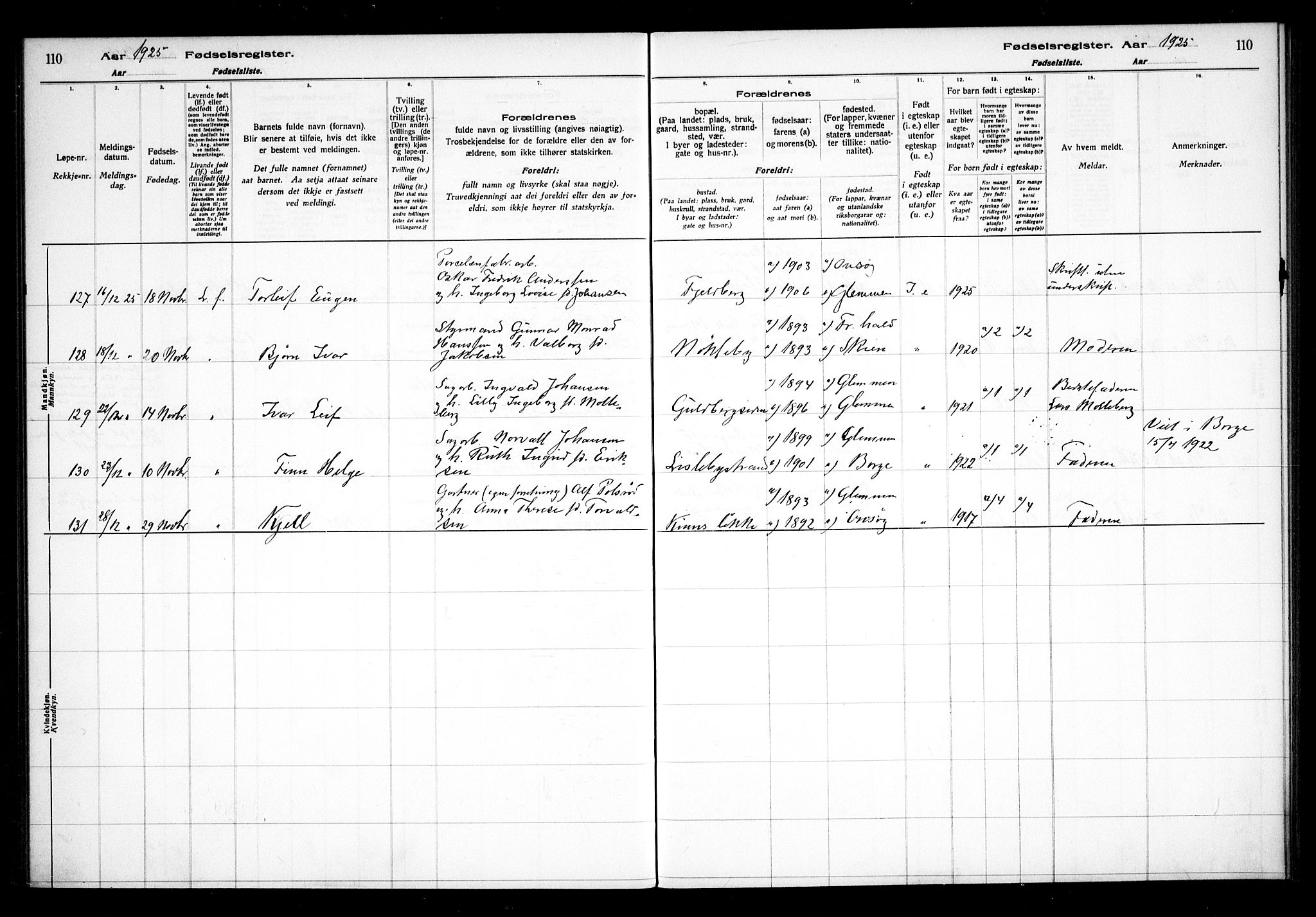 Glemmen prestekontor Kirkebøker, AV/SAO-A-10908/J/Ja/L0002: Birth register no. I 2, 1922-1929, p. 110