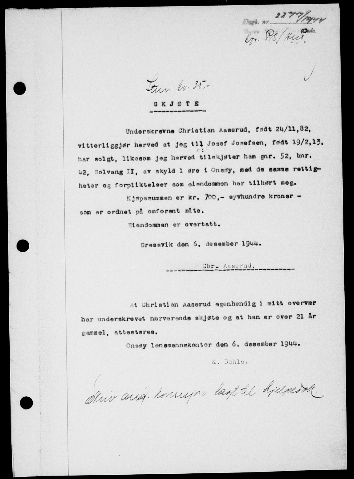 Onsøy sorenskriveri, SAO/A-10474/G/Ga/Gab/L0014: Mortgage book no. II A-14, 1944-1945, Diary no: : 2277/1944