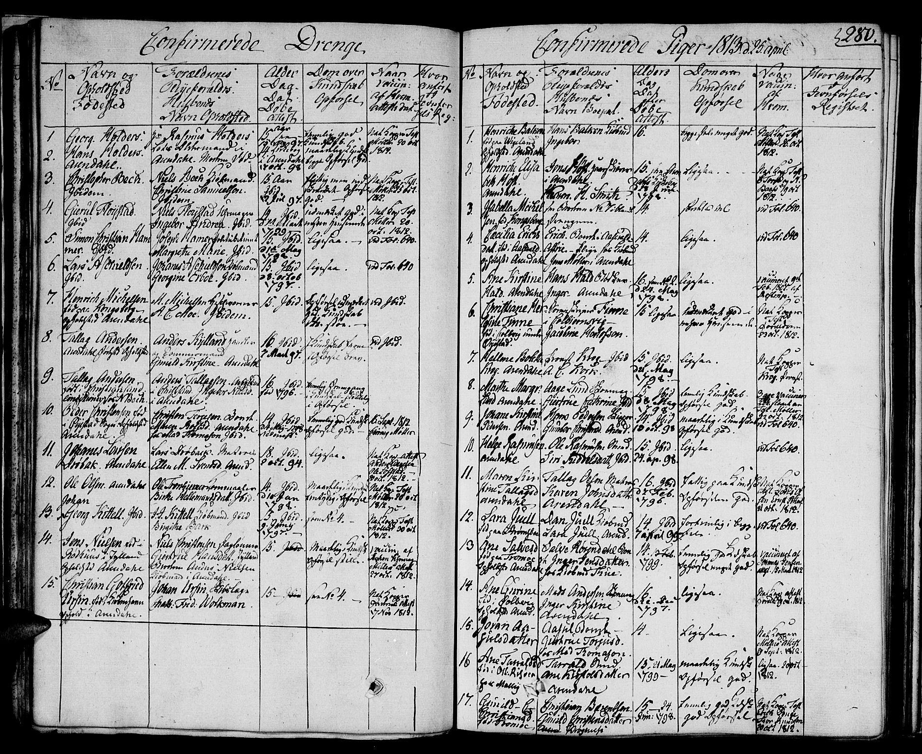 Arendal sokneprestkontor, Trefoldighet, SAK/1111-0040/F/Fa/L0003: Parish register (official) no. A 3, 1805-1868, p. 280