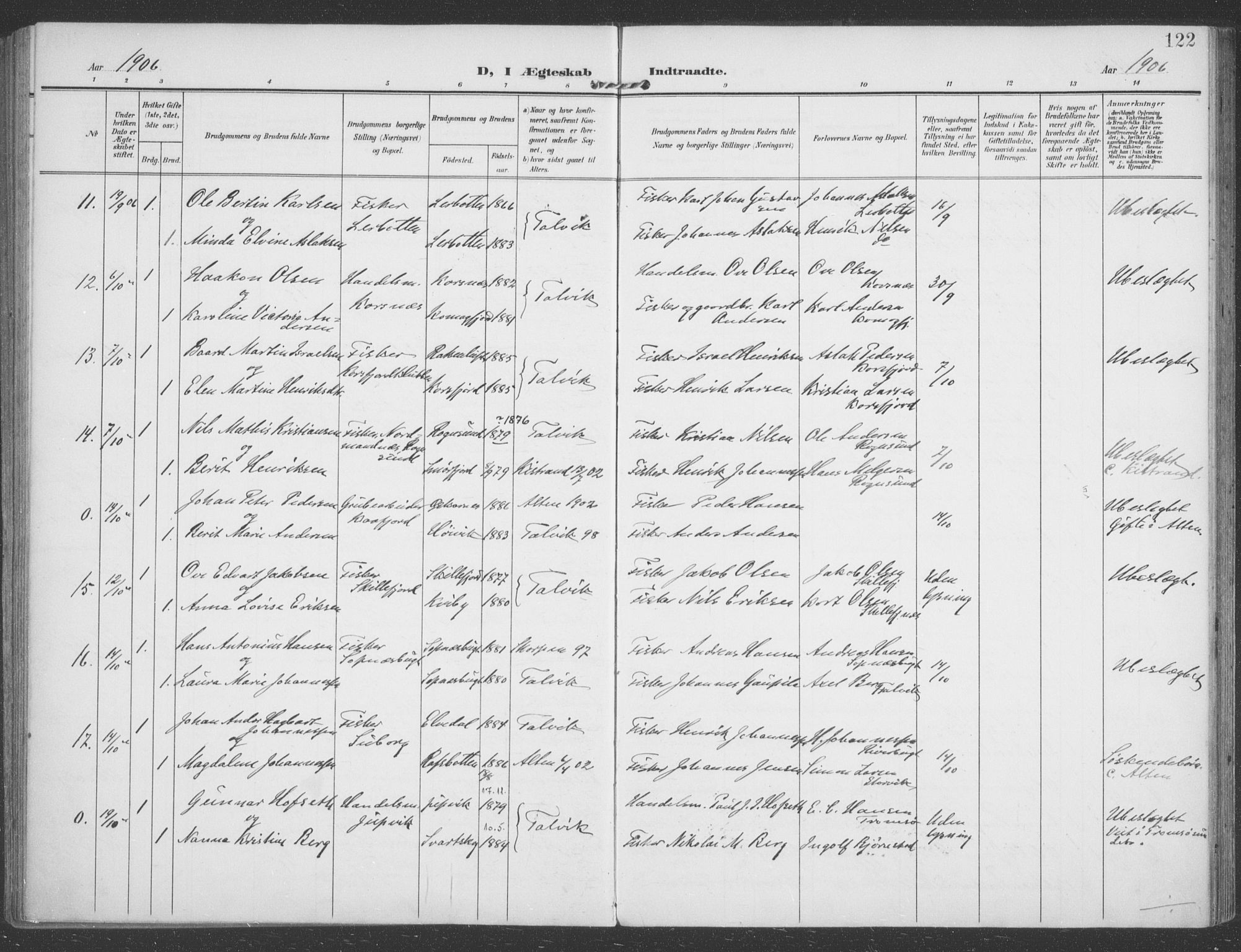 Talvik sokneprestkontor, SATØ/S-1337/H/Ha/L0017kirke: Parish register (official) no. 17, 1906-1915, p. 122