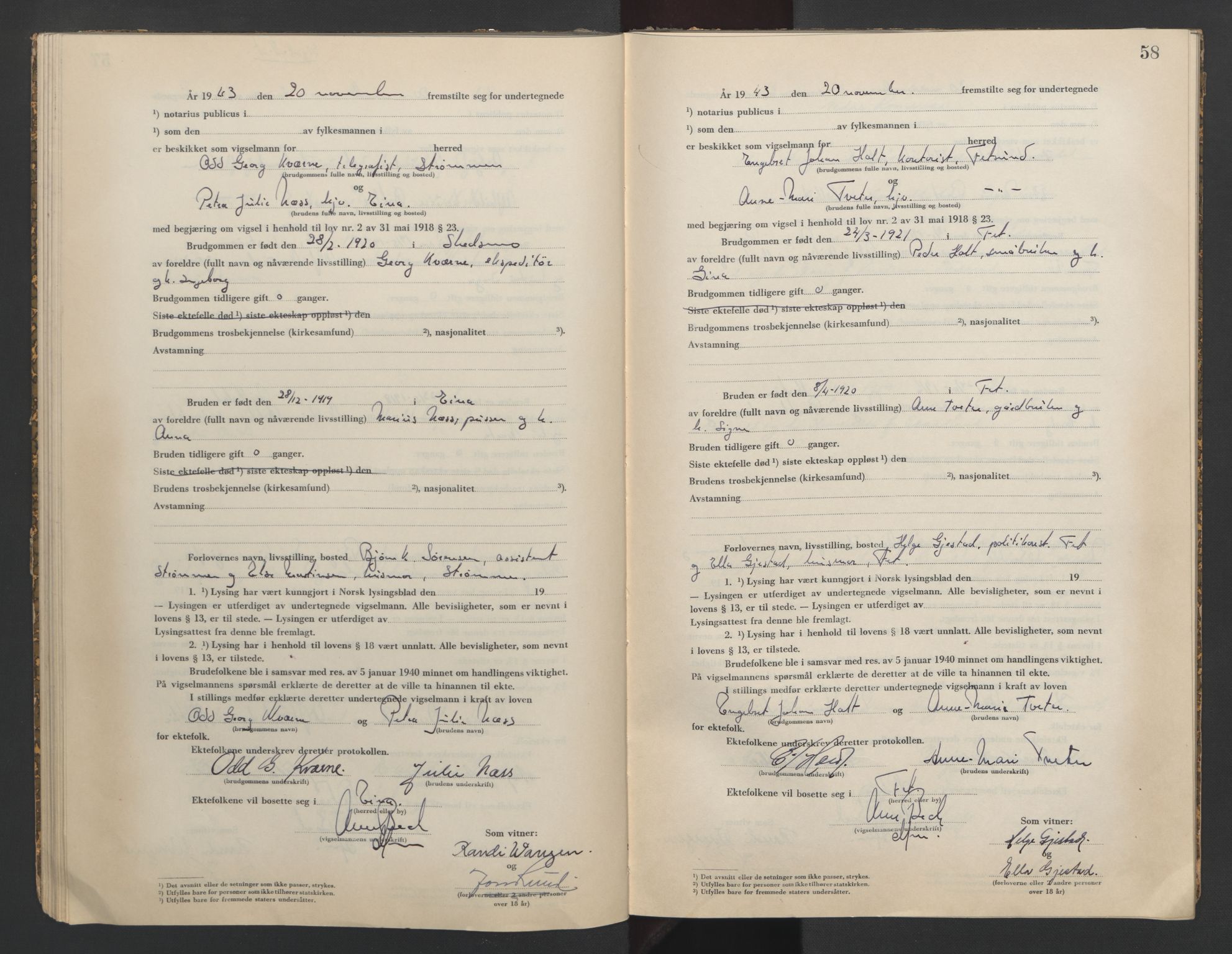 Nedre Romerike sorenskriveri, AV/SAO-A-10469/L/Lb/L0004: Vigselsbok - borgerlige vielser, 1943-1944, p. 58