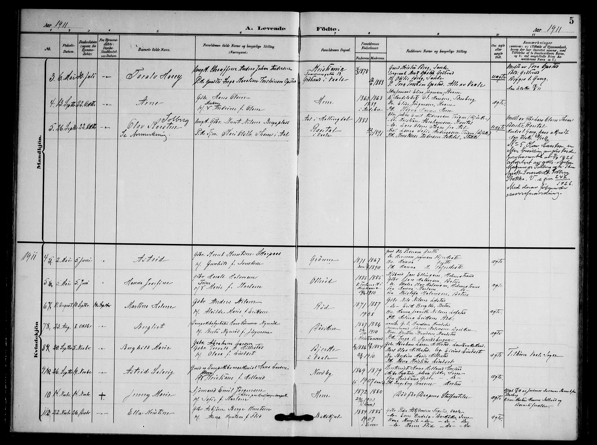 Våle kirkebøker, AV/SAKO-A-334/F/Fb/L0003: Parish register (official) no. II 3, 1907-1936, p. 5