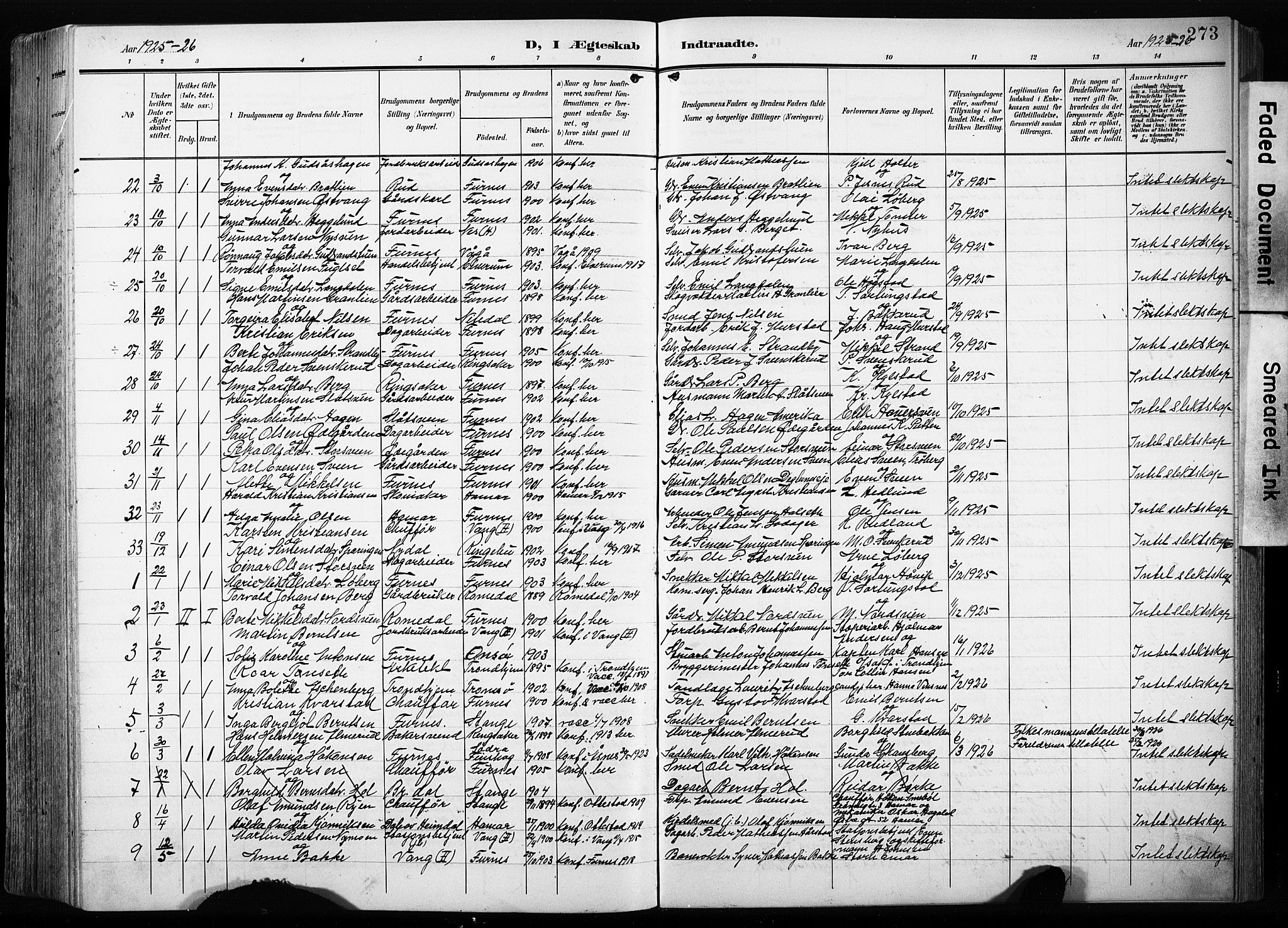 Furnes prestekontor, AV/SAH-PREST-012/L/La/L0001: Parish register (copy) no. 1, 1904-1933, p. 273