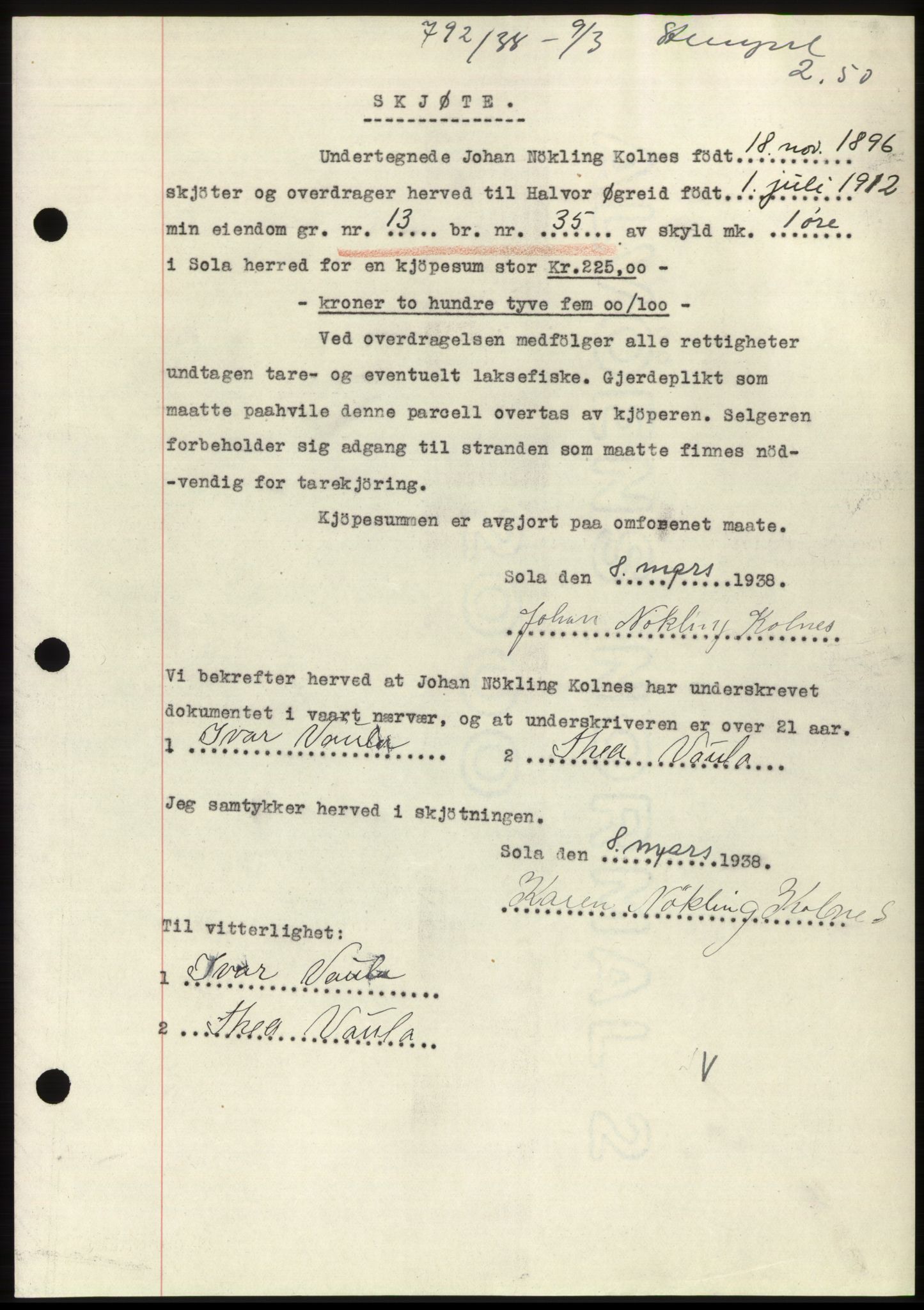 Jæren sorenskriveri, SAST/A-100310/03/G/Gba/L0070: Mortgage book, 1938-1938, Diary no: : 792/1938