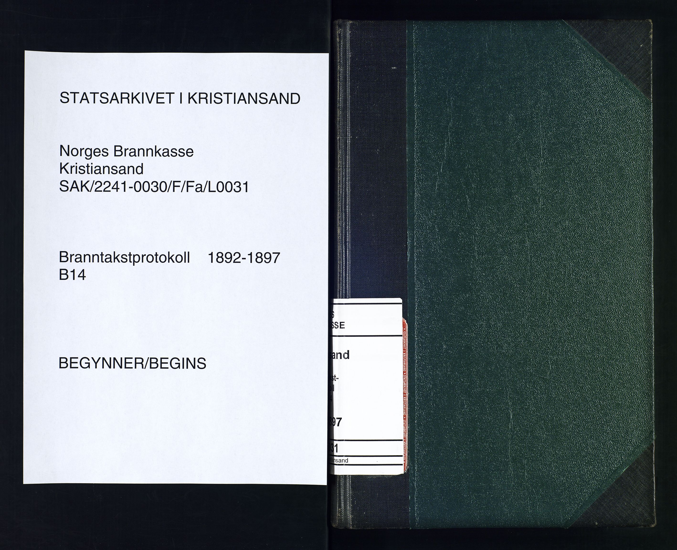 Norges Brannkasse Kristiansand, AV/SAK-2241-0030/F/Fa/L0031: Branntakstprotokoll nr. B14, 1892-1897