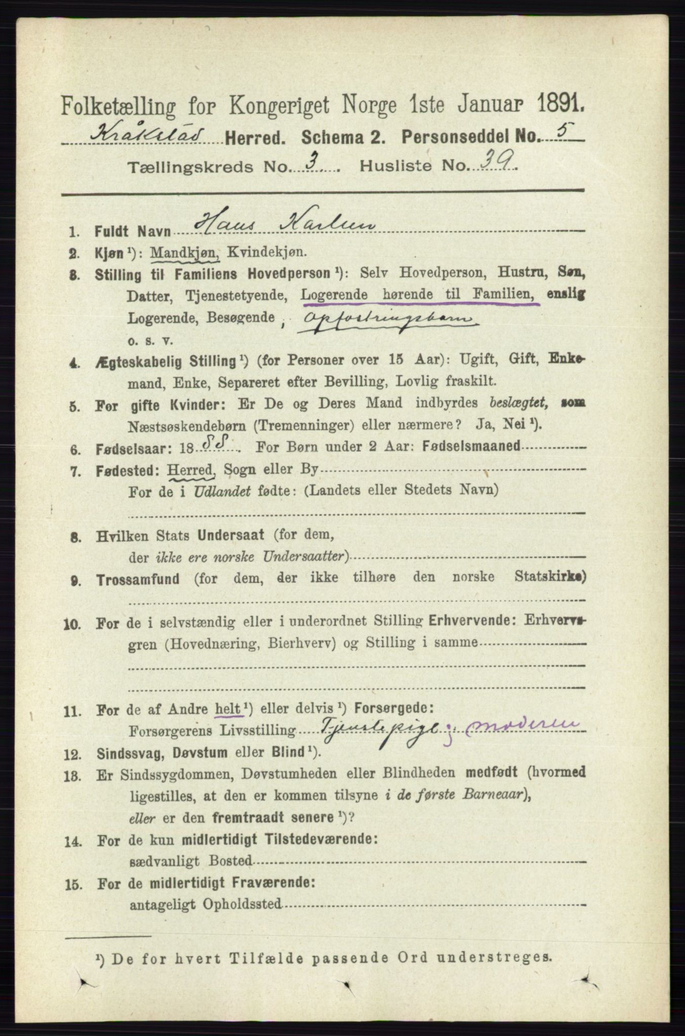 RA, 1891 census for 0212 Kråkstad, 1891, p. 1434