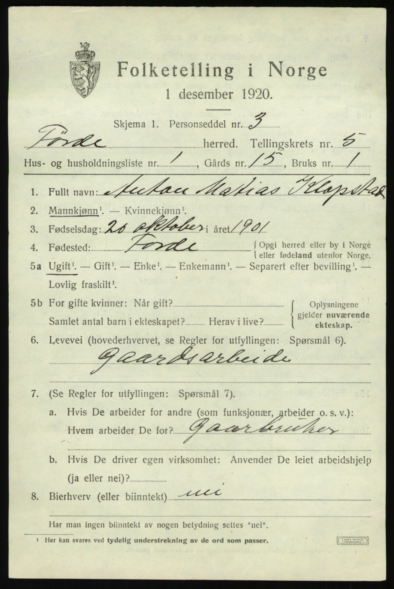 SAB, 1920 census for Førde, 1920, p. 2080