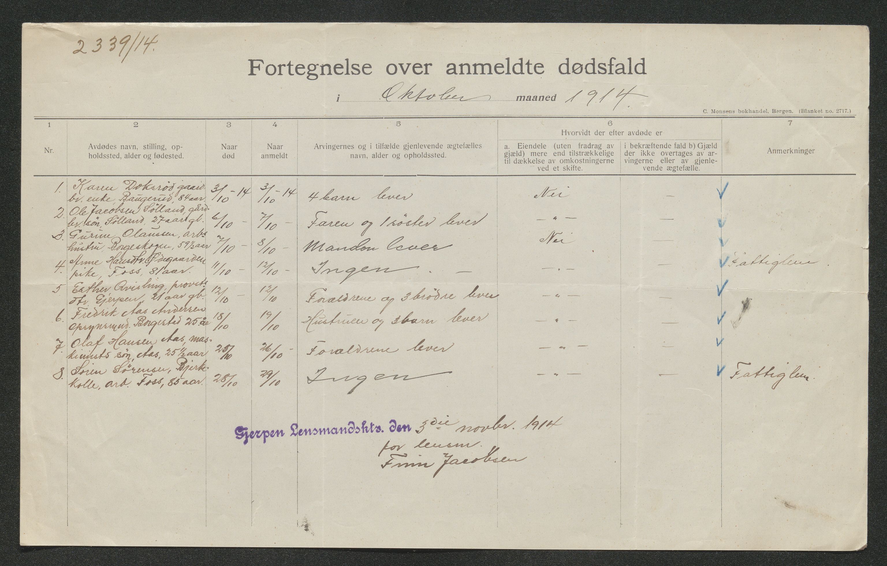 Gjerpen sorenskriveri, AV/SAKO-A-216/H/Ha/Hab/L0001: Dødsfallsmeldinger, Gjerpen, 1899-1915, p. 729