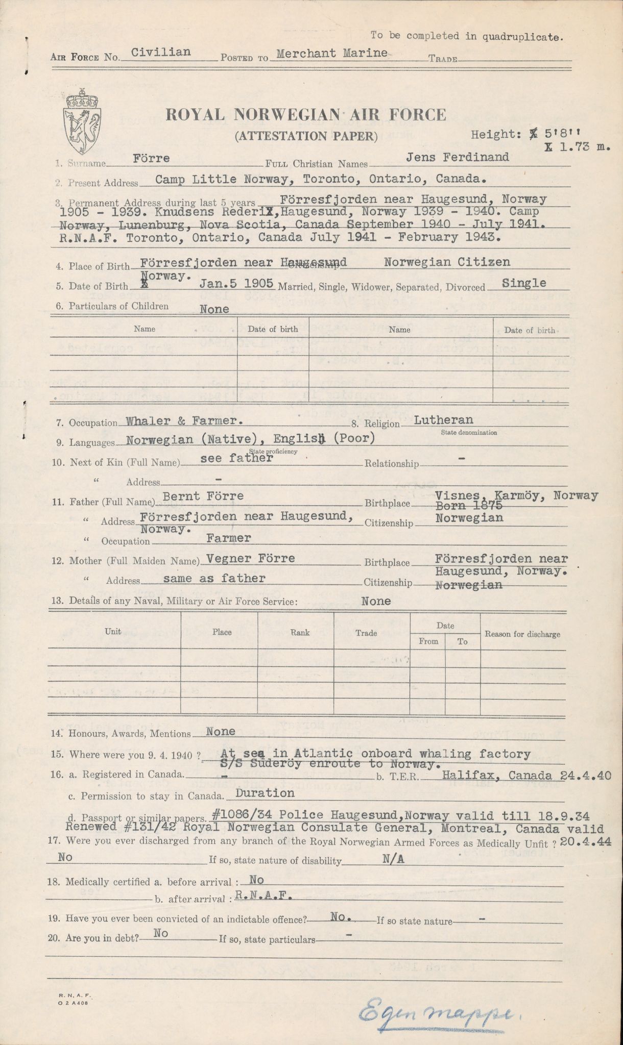 Forsvaret, Forsvarets overkommando/Luftforsvarsstaben, AV/RA-RAFA-4079/P/Pa/L0013: Personellmapper, 1905, p. 83