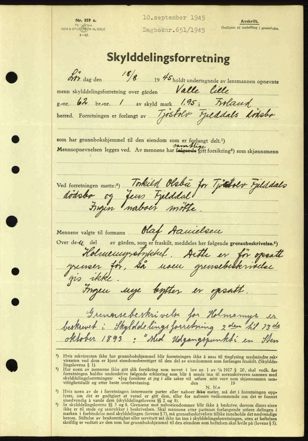 Nedenes sorenskriveri, AV/SAK-1221-0006/G/Gb/Gba/L0052: Mortgage book no. A6a, 1944-1945, Diary no: : 651/1945