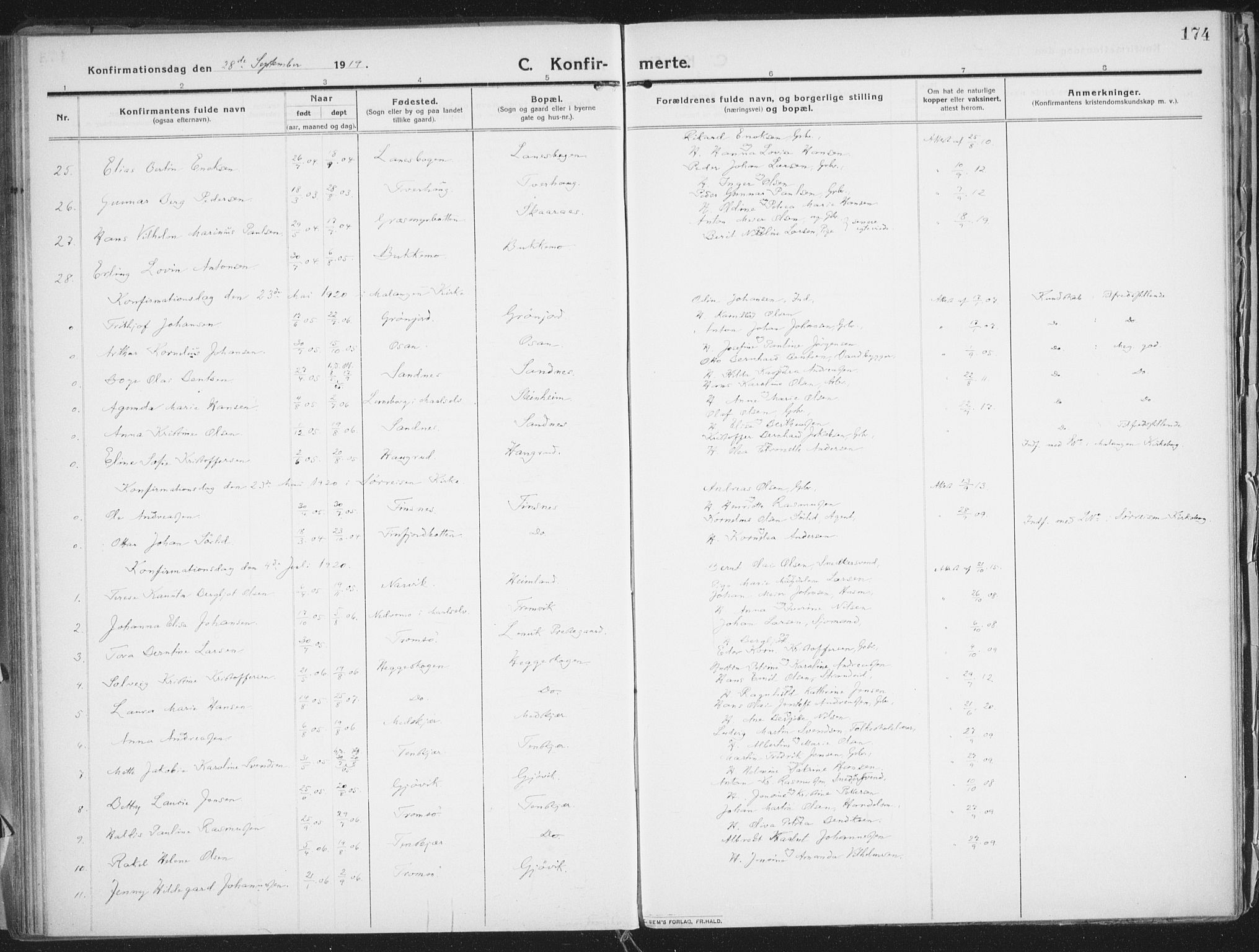 Lenvik sokneprestembete, SATØ/S-1310/H/Ha/Haa/L0016kirke: Parish register (official) no. 16, 1910-1924, p. 174