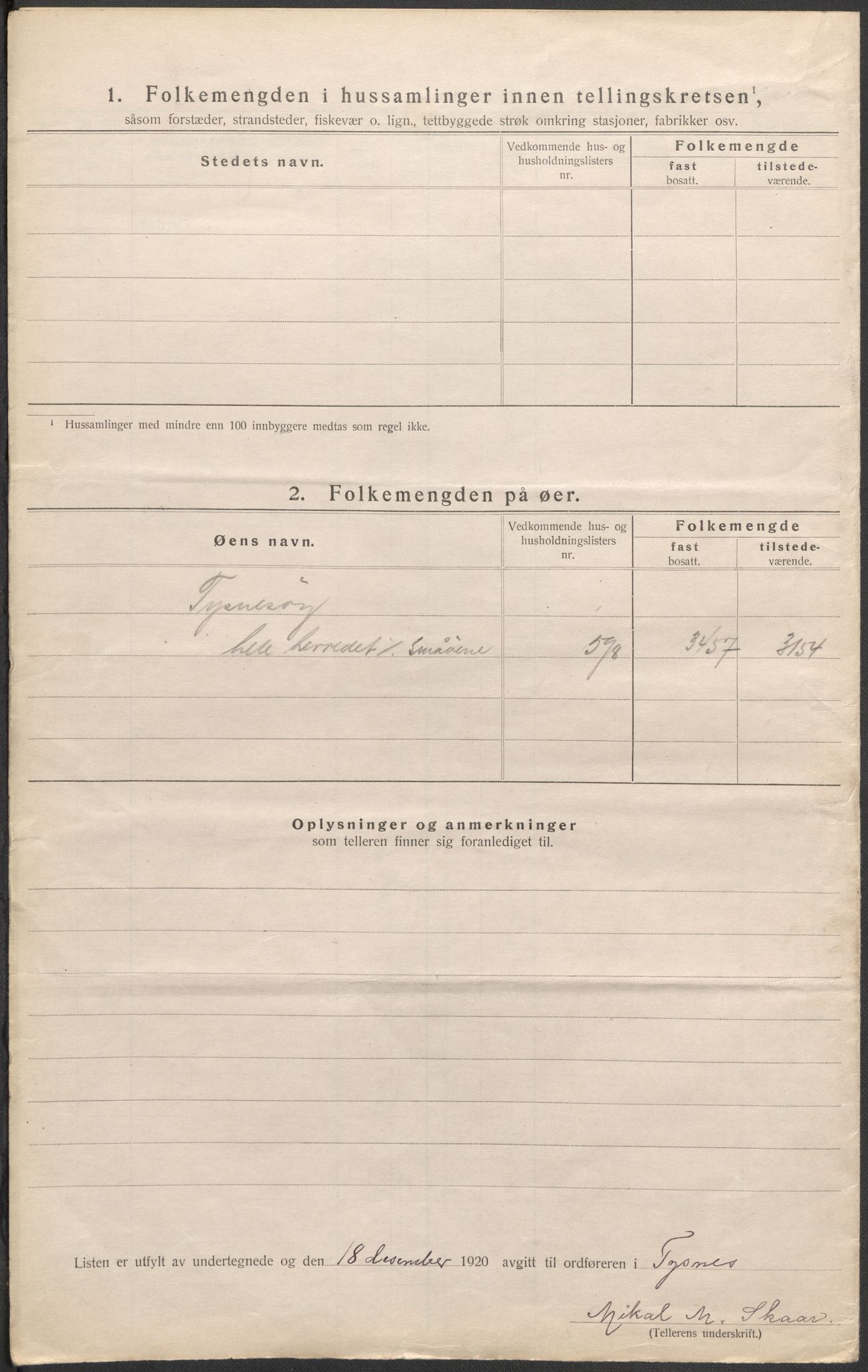 SAB, 1920 census for Tysnes, 1920, p. 7