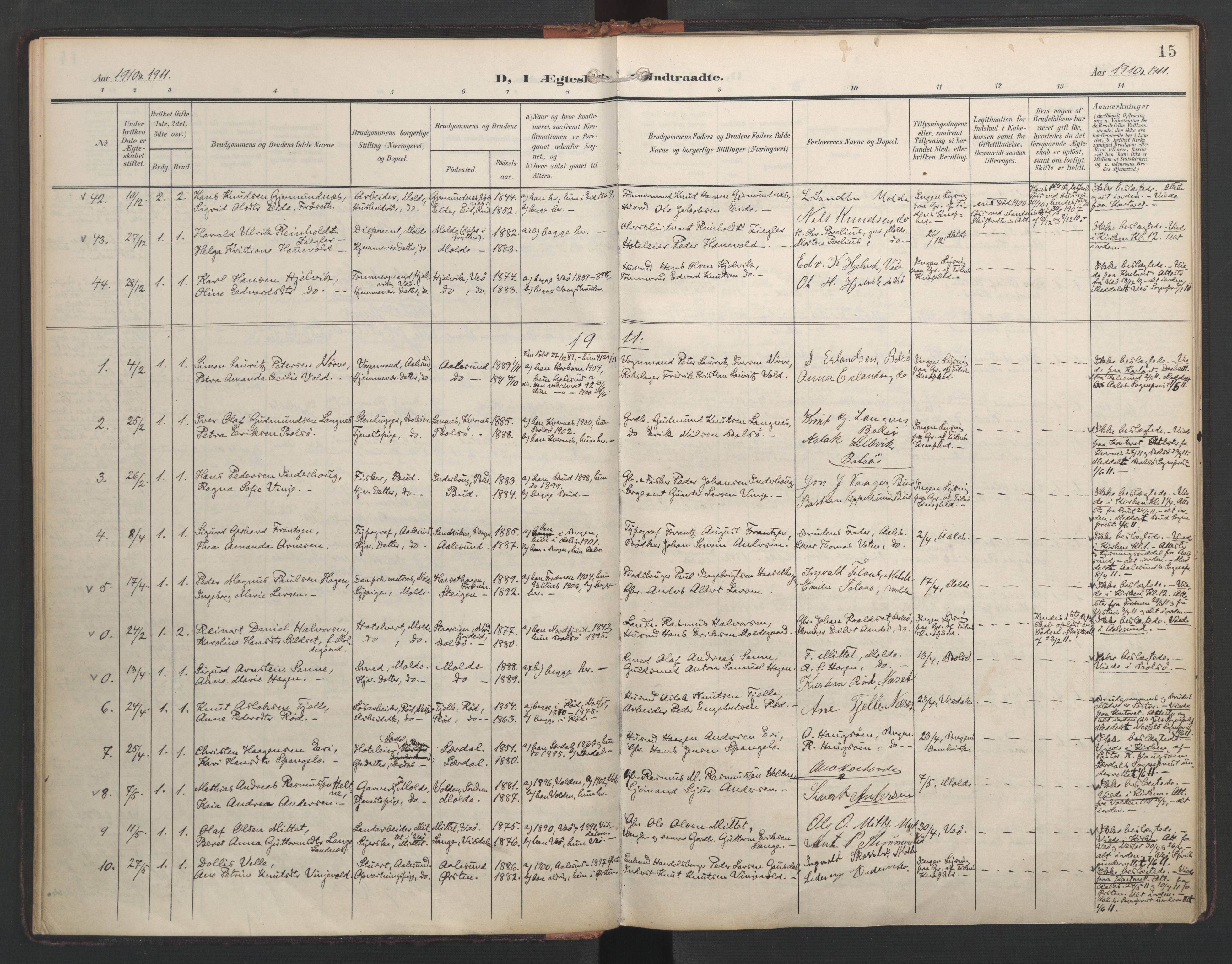 Ministerialprotokoller, klokkerbøker og fødselsregistre - Møre og Romsdal, AV/SAT-A-1454/558/L0694: Parish register (official) no. 558A08, 1907-1922, p. 15