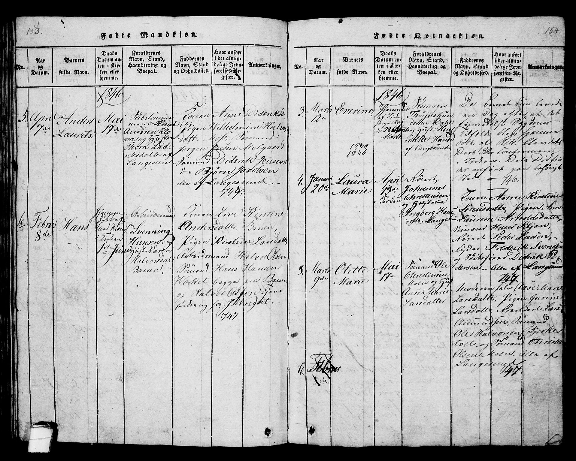 Langesund kirkebøker, SAKO/A-280/G/Ga/L0003: Parish register (copy) no. 3, 1815-1858, p. 153-154
