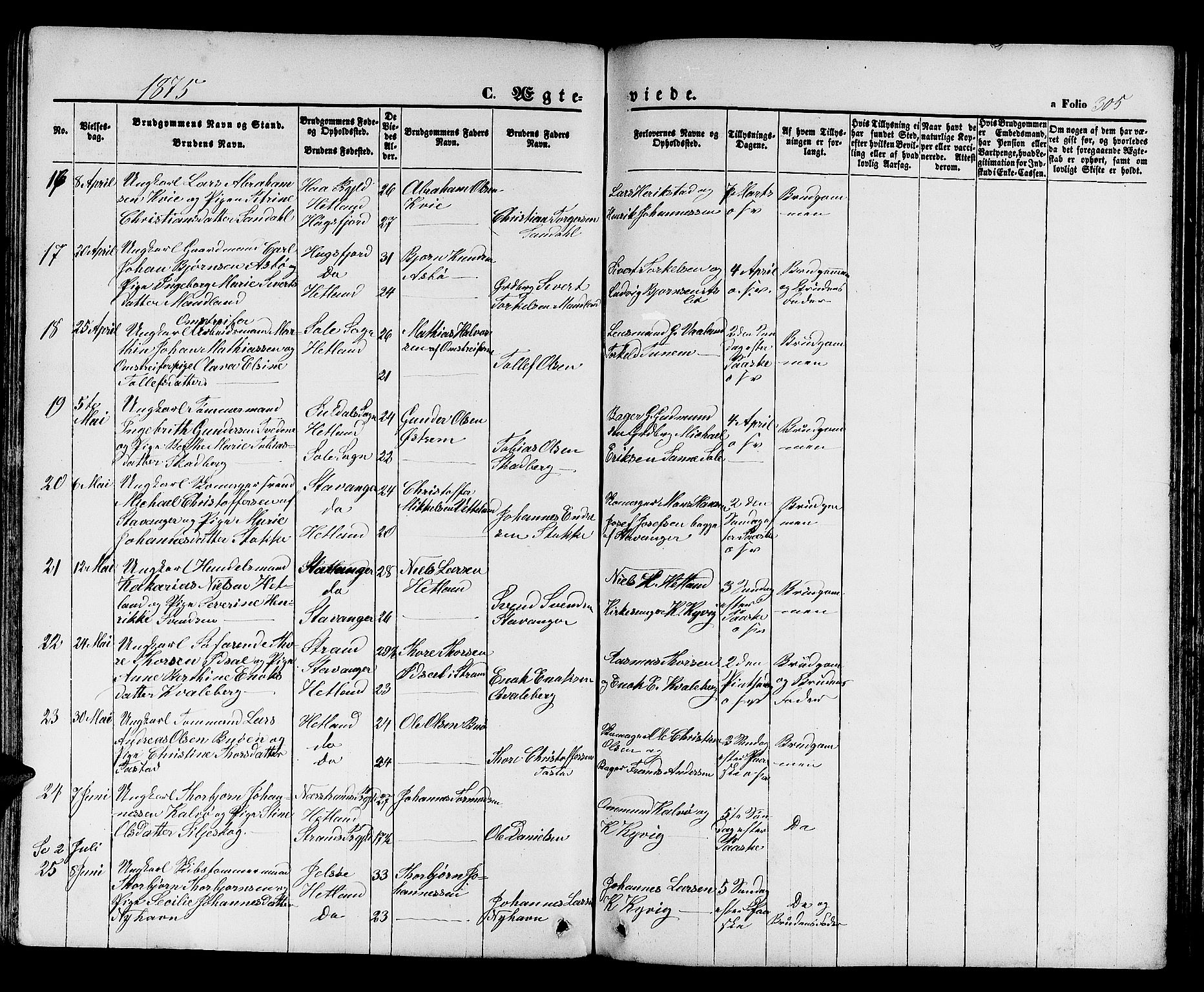 Hetland sokneprestkontor, SAST/A-101826/30/30BB/L0003: Parish register (copy) no. B 3, 1863-1877, p. 305