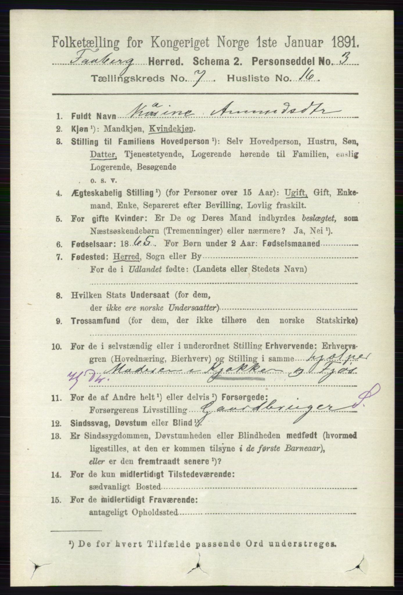 RA, 1891 census for 0524 Fåberg, 1891, p. 2881
