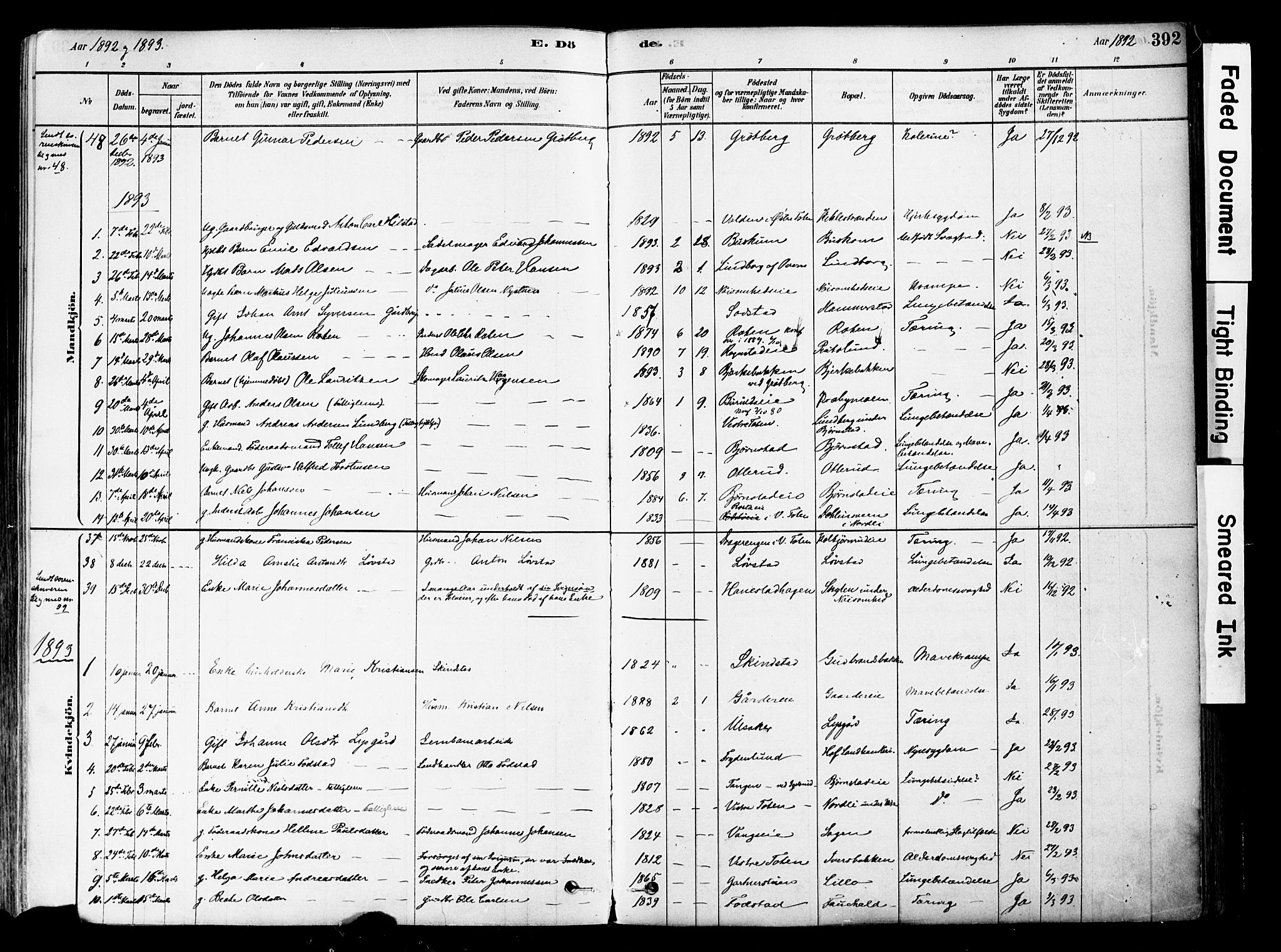Østre Toten prestekontor, SAH/PREST-104/H/Ha/Haa/L0006: Parish register (official) no. 6 /1, 1878-1896, p. 392