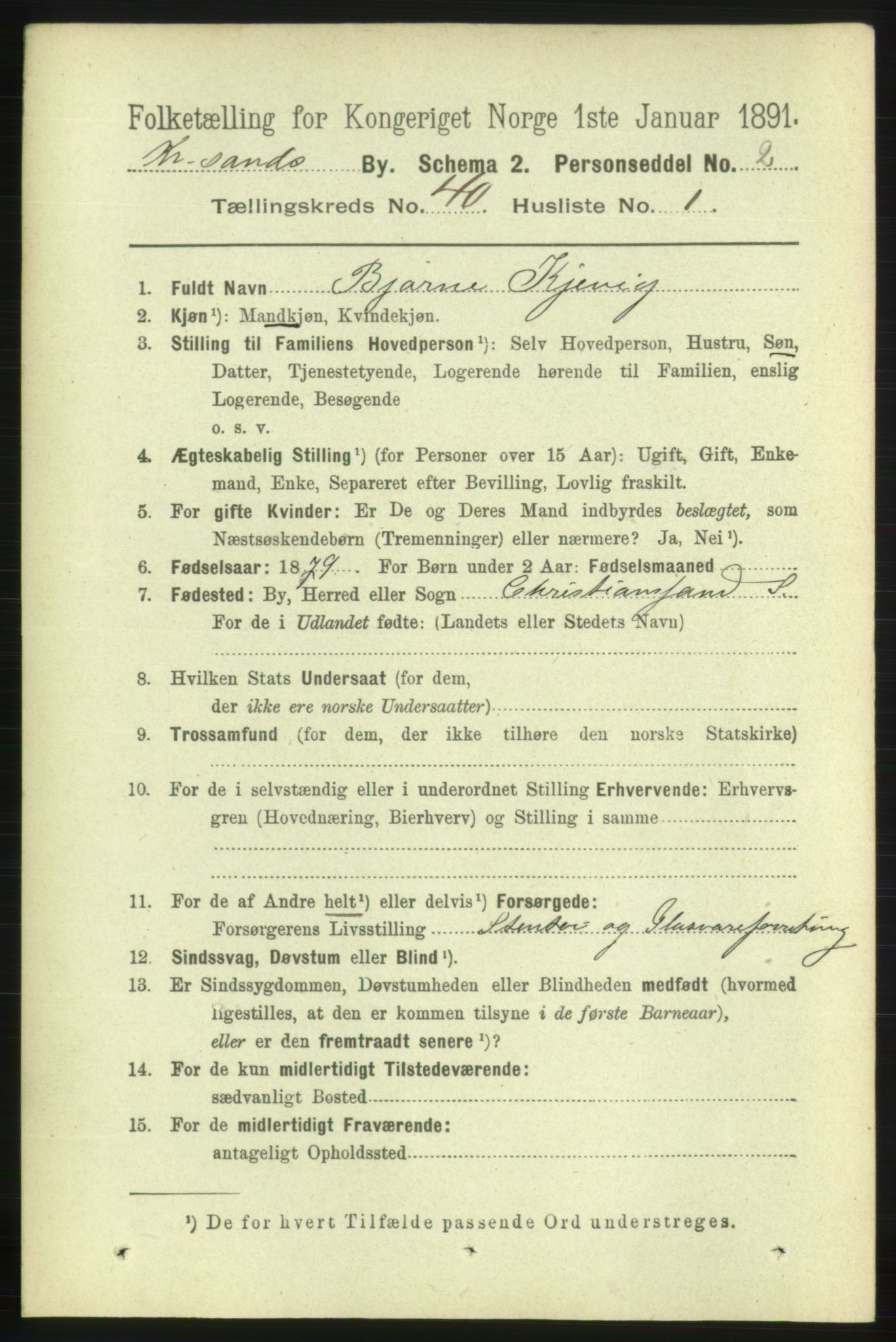 RA, 1891 census for 1001 Kristiansand, 1891, p. 12398