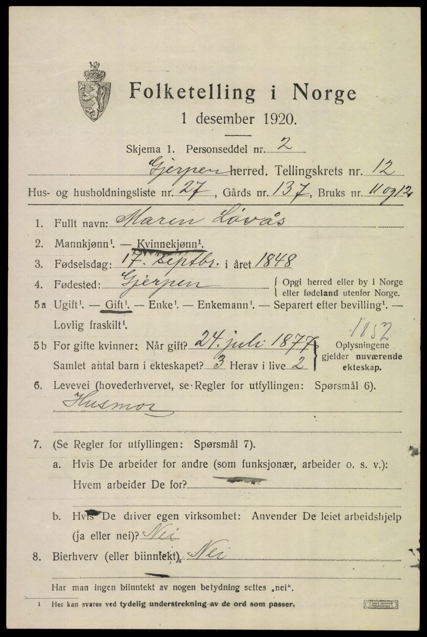 SAKO, 1920 census for Gjerpen, 1920, p. 13812