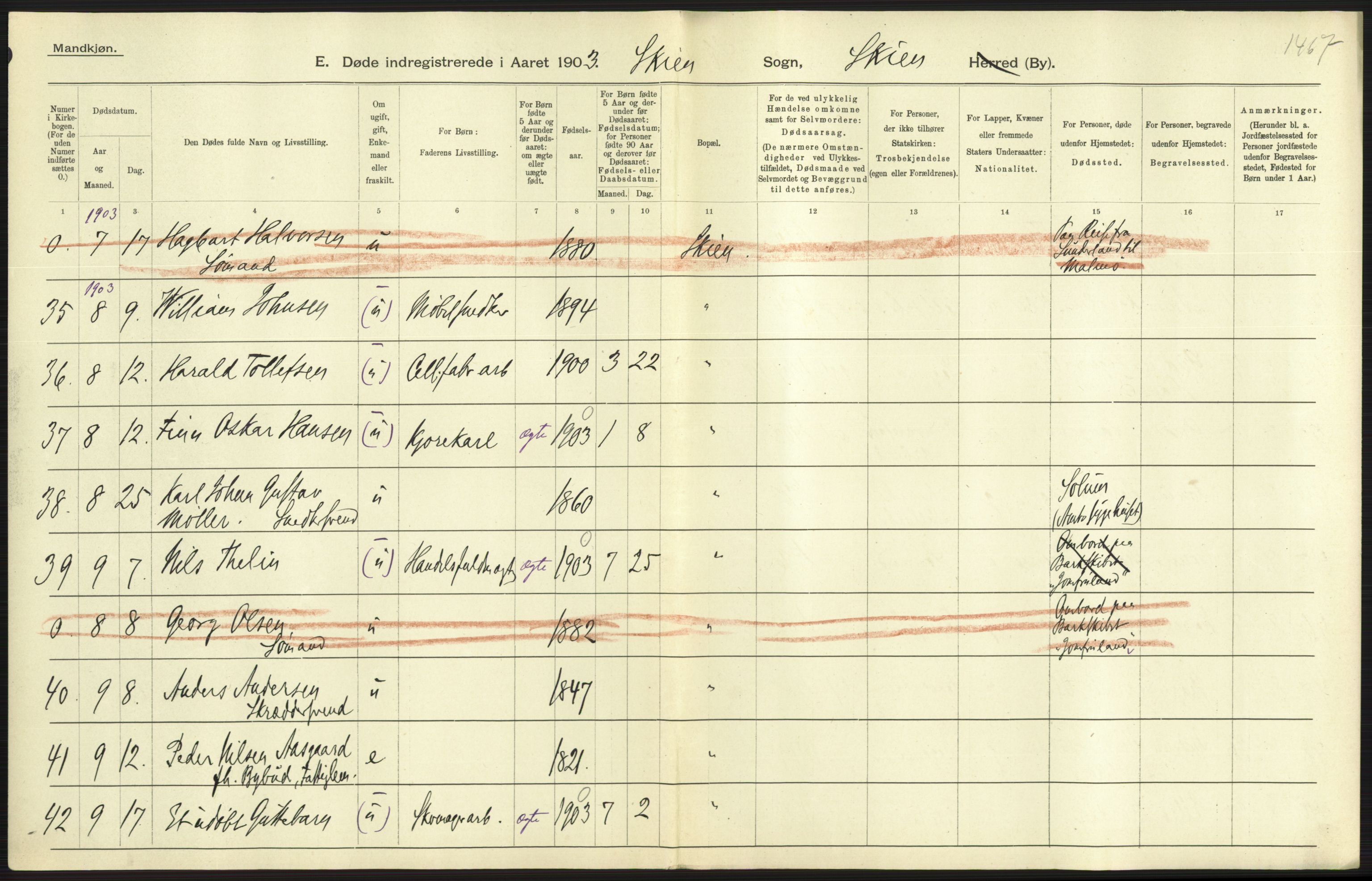 Statistisk sentralbyrå, Sosiodemografiske emner, Befolkning, AV/RA-S-2228/D/Df/Dfa/Dfaa/L0009: Bratsberg amt: Fødte, gifte, døde, 1903, p. 679