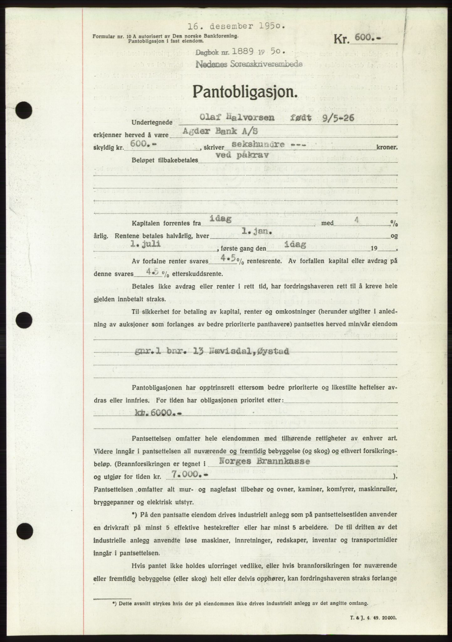 Nedenes sorenskriveri, AV/SAK-1221-0006/G/Gb/Gbb/L0008: Mortgage book no. B8, 1950-1950, Diary no: : 1889/1950