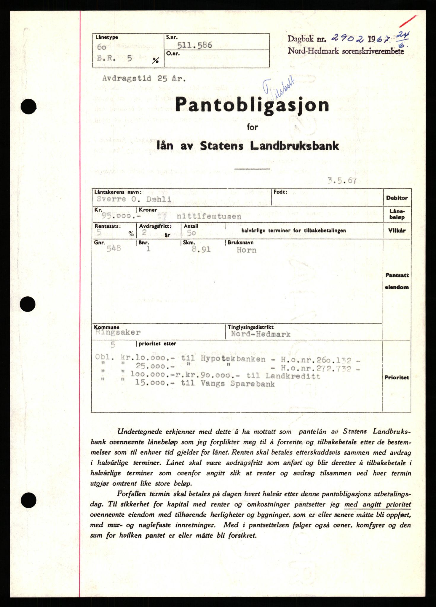 Nord-Hedmark sorenskriveri, SAH/TING-012/H/Hb/Hbf/L0071: Mortgage book no. B71, 1967-1967, Diary no: : 2902/1967