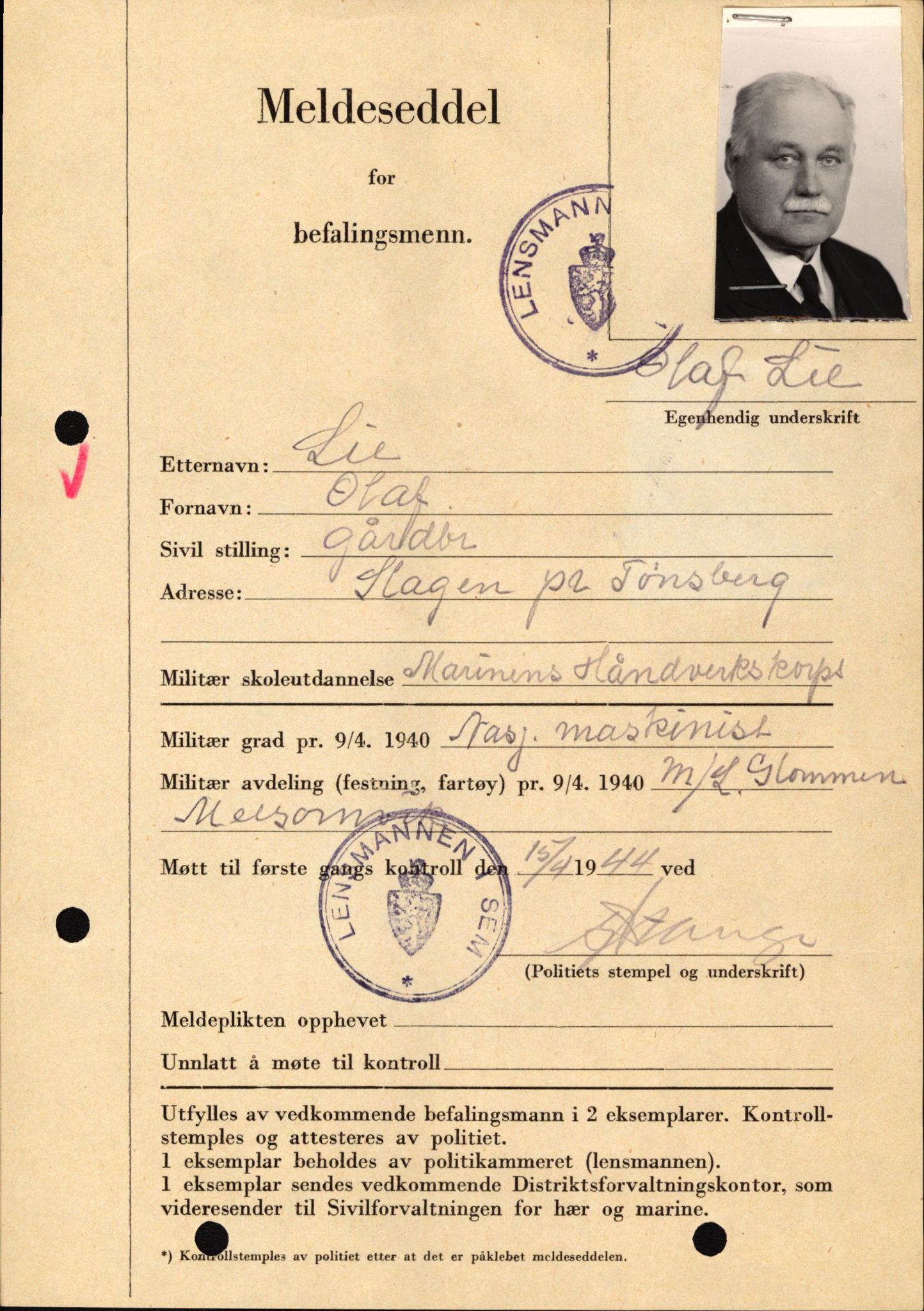 Forsvaret, Forsvarets krigshistoriske avdeling, AV/RA-RAFA-2017/Y/Yf/L0209: II-C-11-2121  -  Okkupasjonstiden.  Meldesedler for befal med foto og oppl. om militær grad 9. apr. 1940., 1944-1945, p. 75