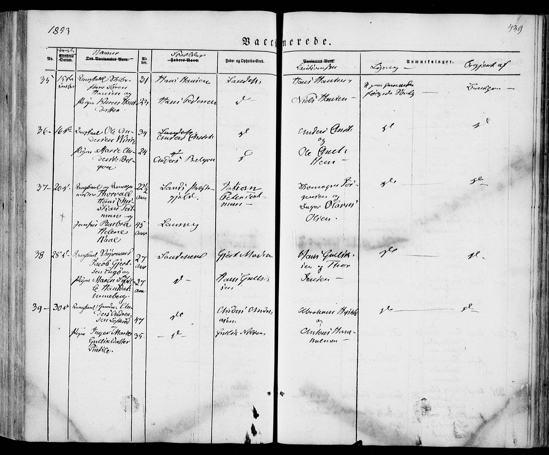 Sandar kirkebøker, SAKO/A-243/F/Fa/L0006: Parish register (official) no. 6, 1847-1860, p. 439