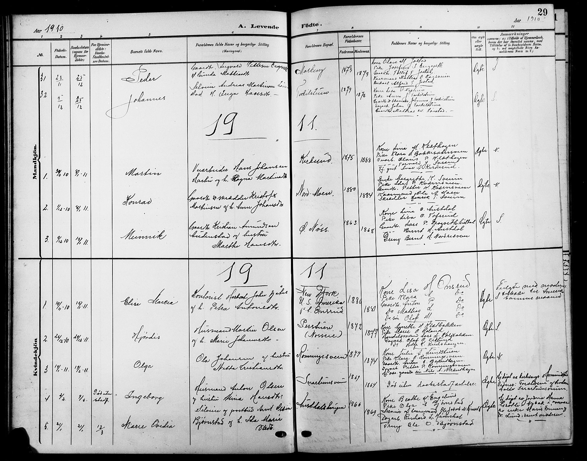 Biri prestekontor, SAH/PREST-096/H/Ha/Hab/L0005: Parish register (copy) no. 5, 1906-1919, p. 29