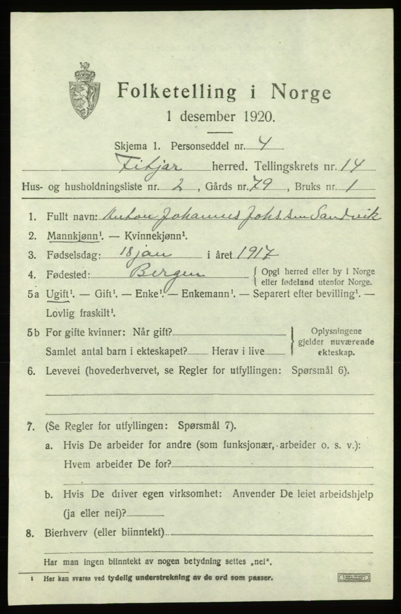 SAB, 1920 census for Fitjar, 1920, p. 5728