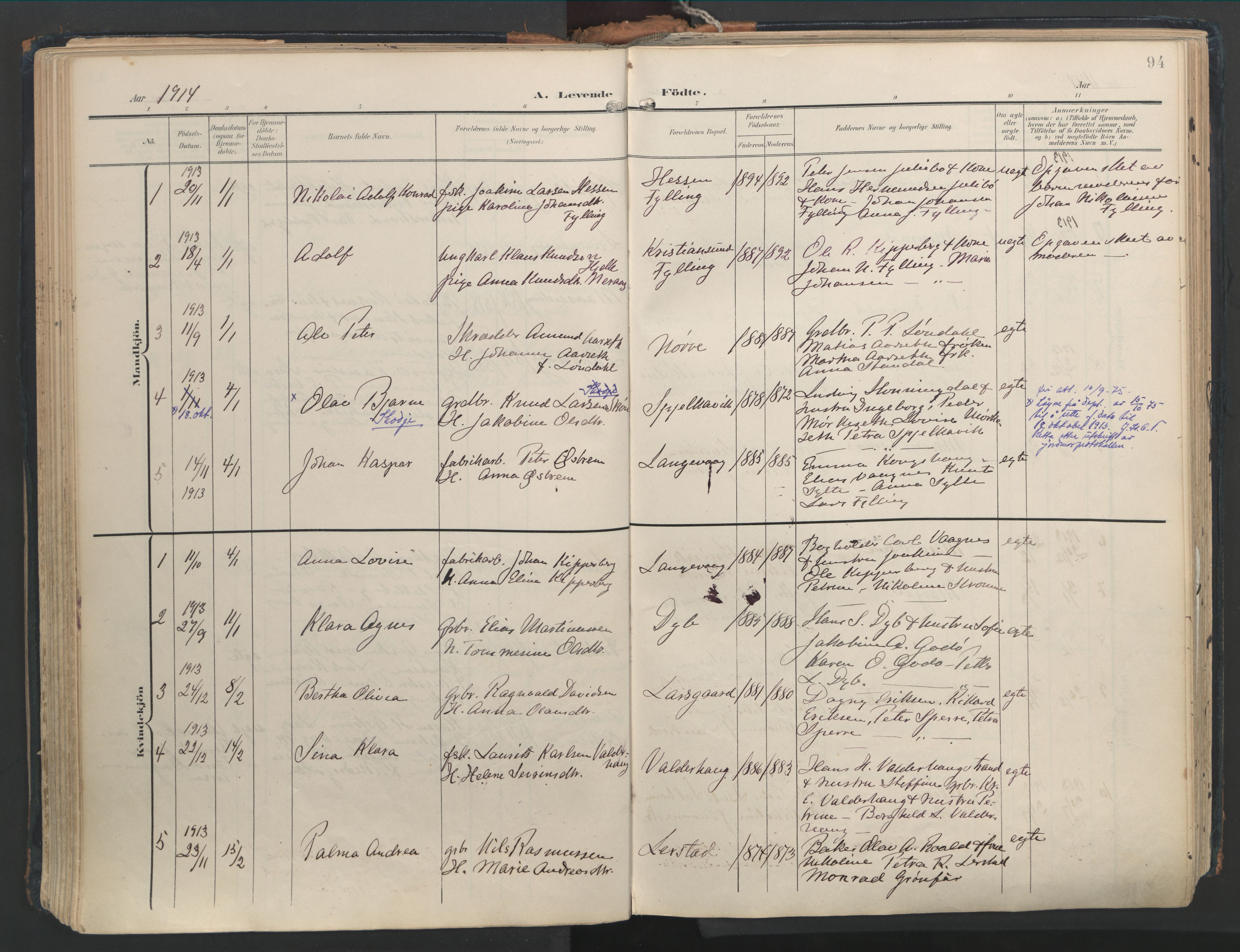Ministerialprotokoller, klokkerbøker og fødselsregistre - Møre og Romsdal, SAT/A-1454/528/L0411: Parish register (official) no. 528A20, 1907-1920, p. 94