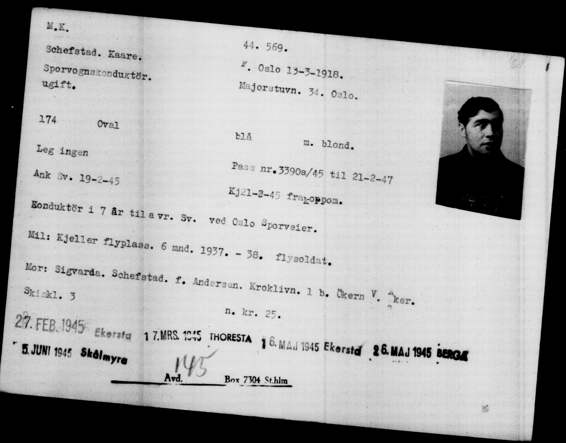 Utenriksstasjonene, Legasjonen i Stockholm, Flyktningkontoret, AV/RA-S-6753/V/Va/L0017: Kjesäterkartoteket, flyktninger med registreringsnr. 43400-46318, 1940-1945, p. 1223