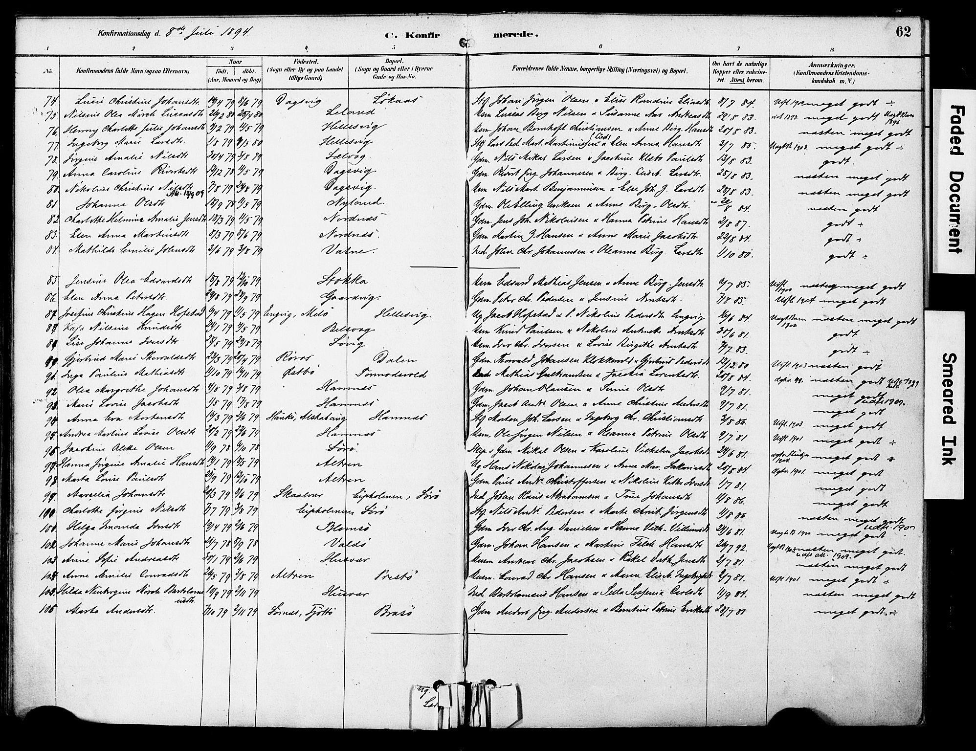 Ministerialprotokoller, klokkerbøker og fødselsregistre - Nordland, AV/SAT-A-1459/830/L0450: Parish register (official) no. 830A14, 1879-1896, p. 62