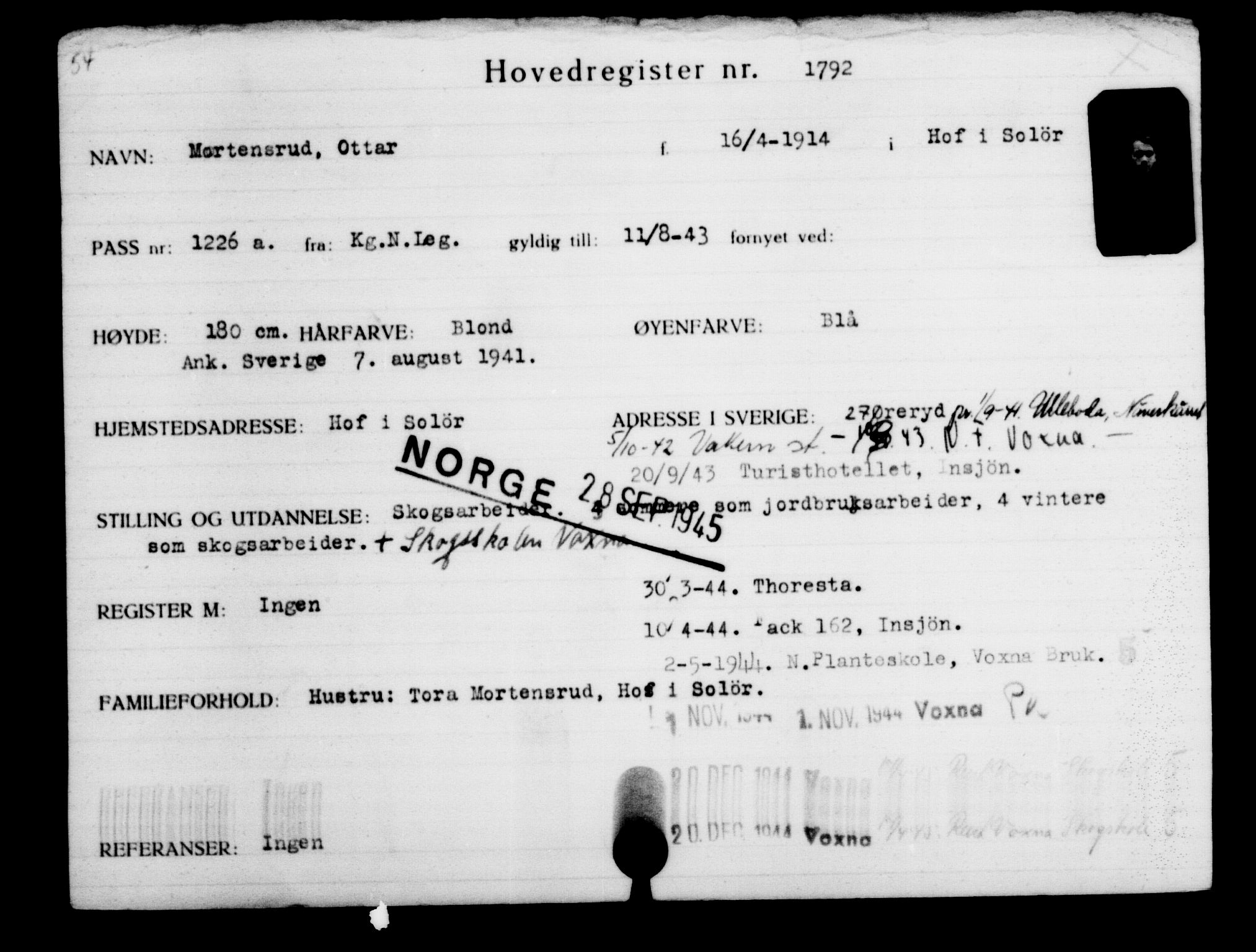 Den Kgl. Norske Legasjons Flyktningskontor, AV/RA-S-6753/V/Va/L0002: Kjesäterkartoteket.  Flyktningenr. 1001-2000, 1940-1945, p. 1130