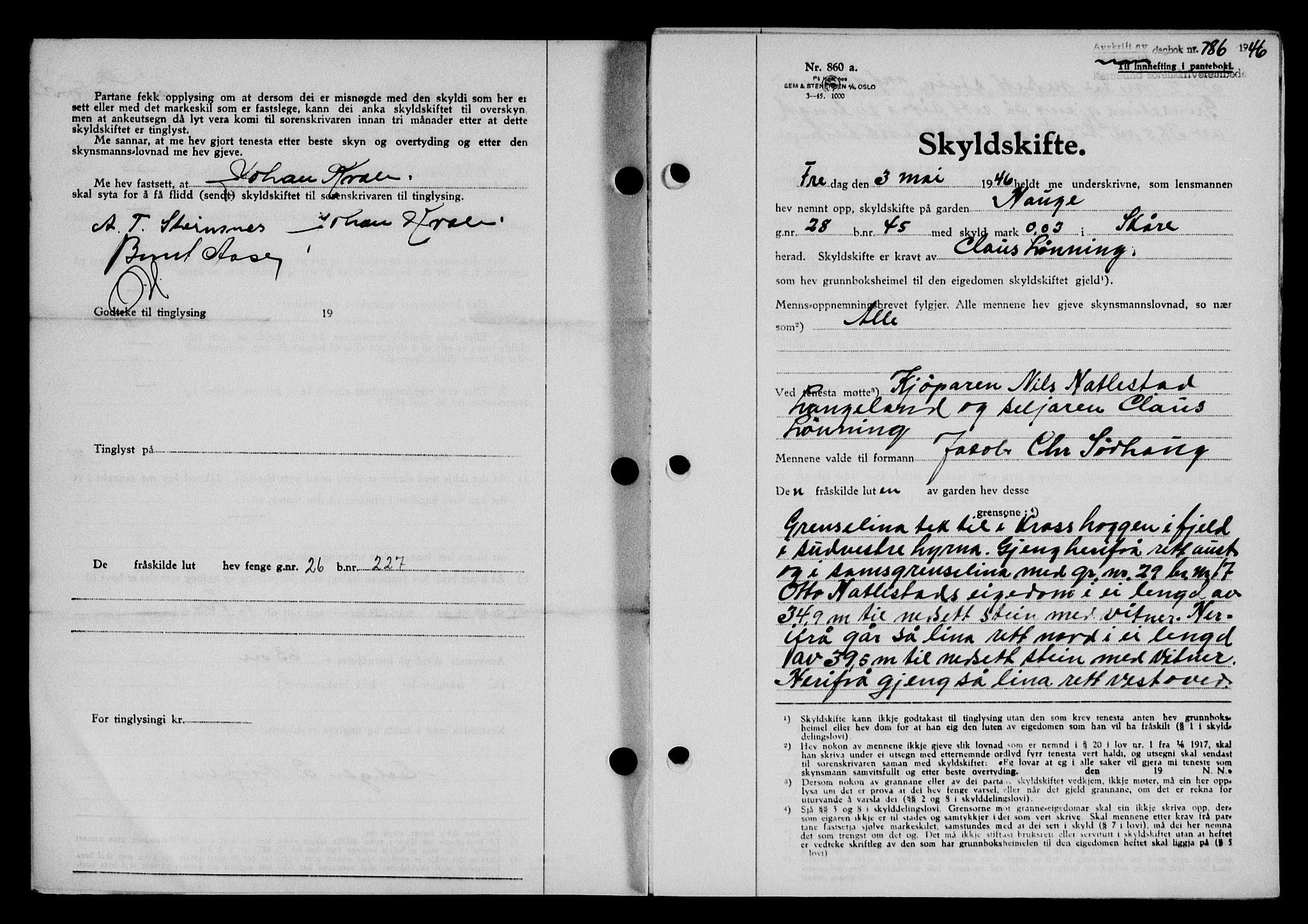 Karmsund sorenskriveri, AV/SAST-A-100311/01/II/IIB/L0085: Mortgage book no. 66A, 1946-1946, Diary no: : 786/1946