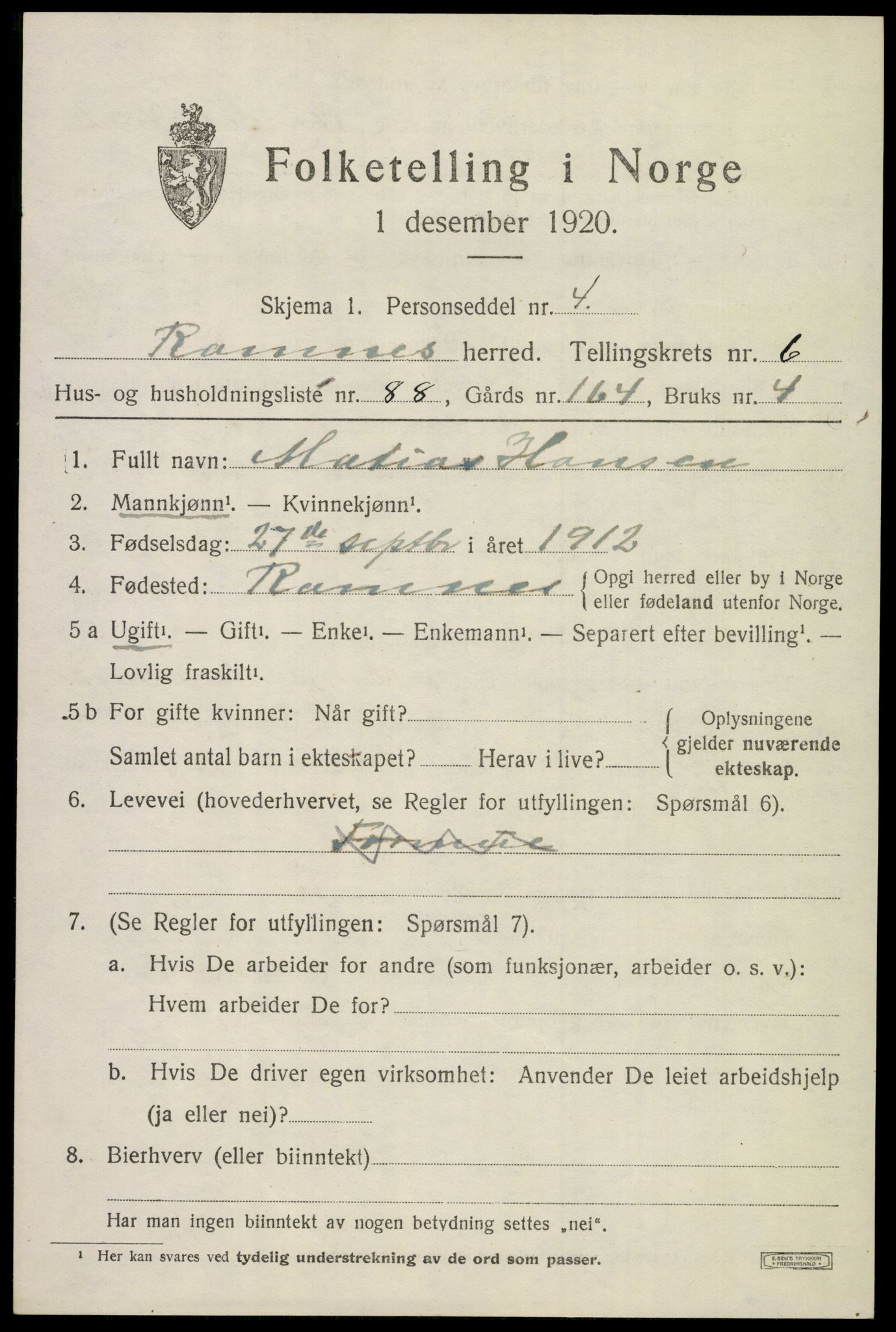 SAKO, 1920 census for Ramnes, 1920, p. 7106