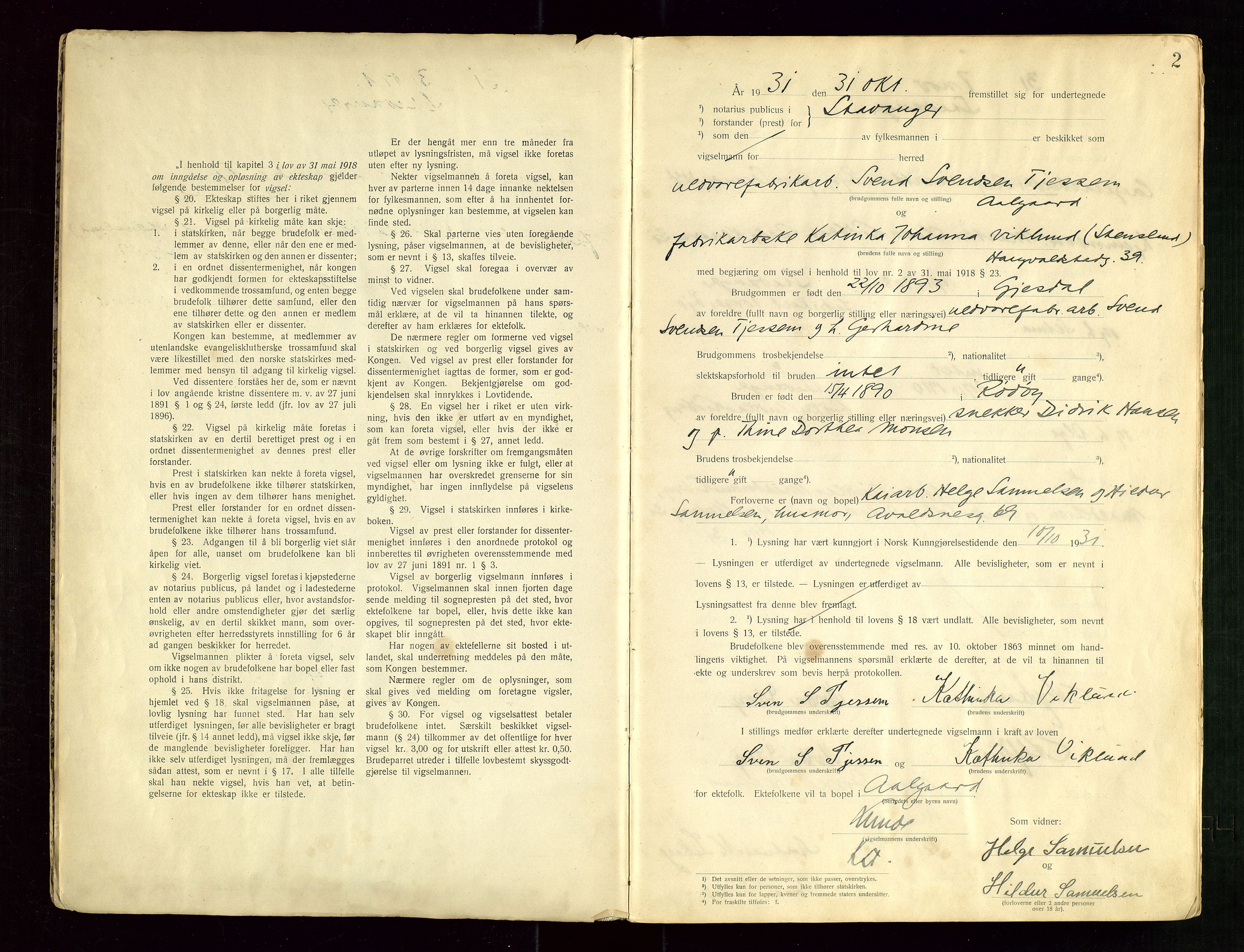 Stavanger byrett, AV/SAST-A-100455/001/6/62/62B/L0001: Vigselsprotokoll, 1931-1935, p. 2