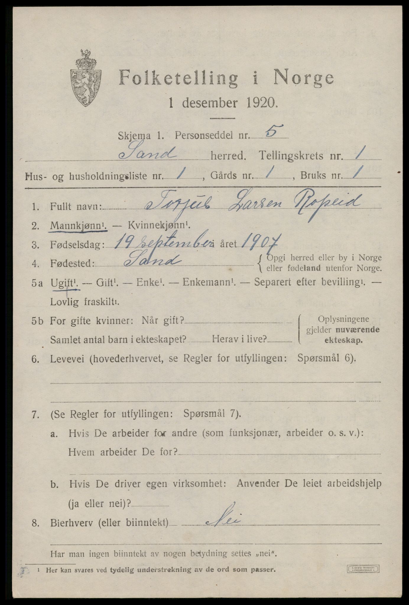 SAST, 1920 census for Sand, 1920, p. 601