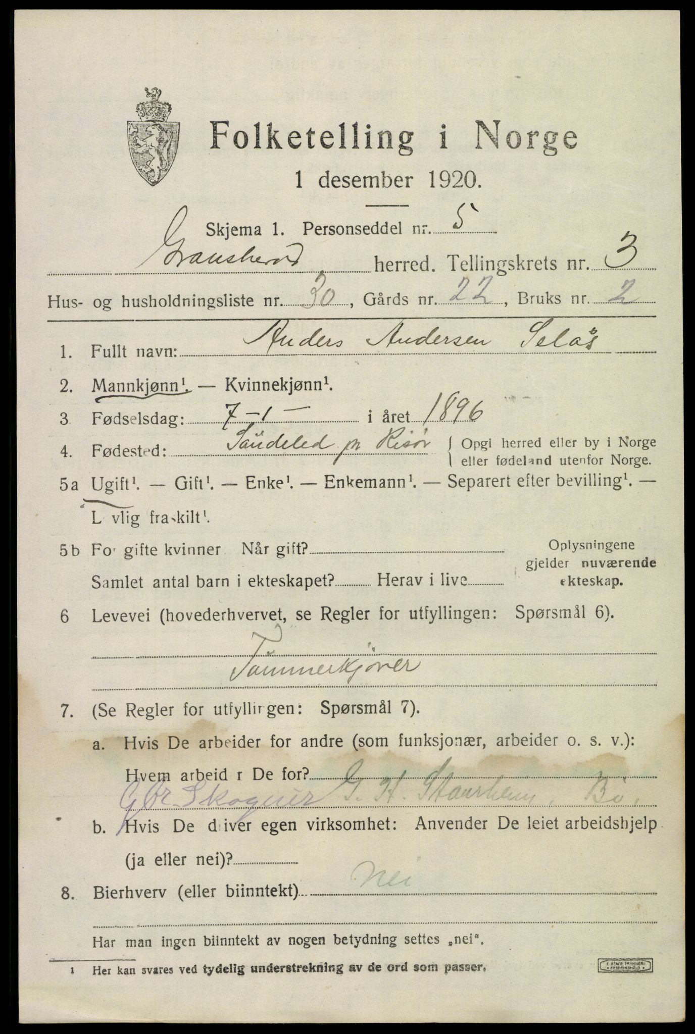 SAKO, 1920 census for Gransherad, 1920, p. 1764