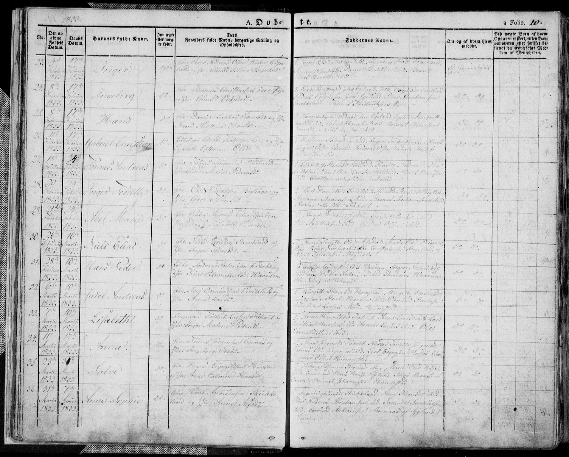 Kvinesdal sokneprestkontor, AV/SAK-1111-0026/F/Fa/Fab/L0004: Parish register (official) no. A 4, 1829-1843, p. 20