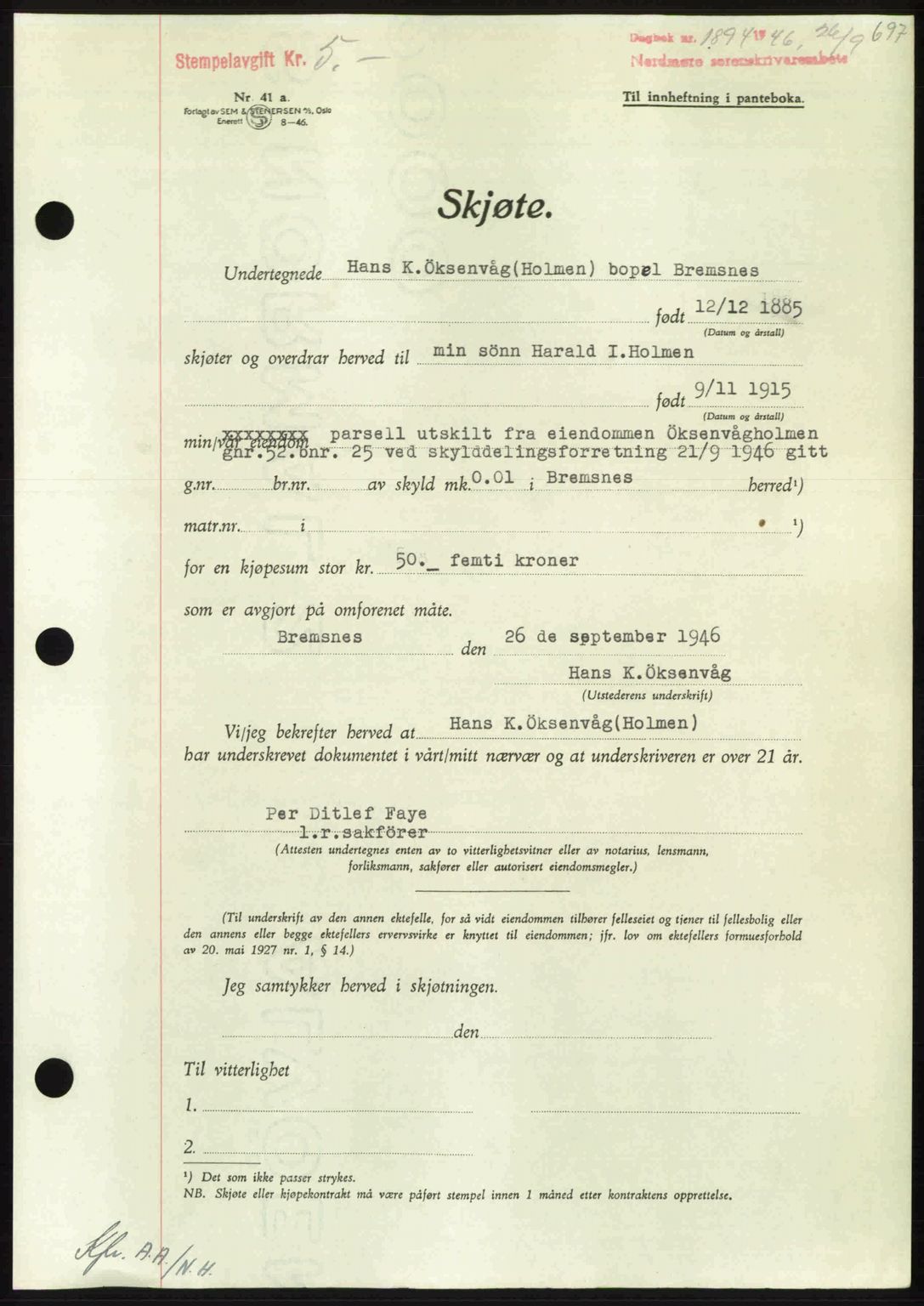 Nordmøre sorenskriveri, AV/SAT-A-4132/1/2/2Ca: Mortgage book no. A102, 1946-1946, Diary no: : 1894/1946