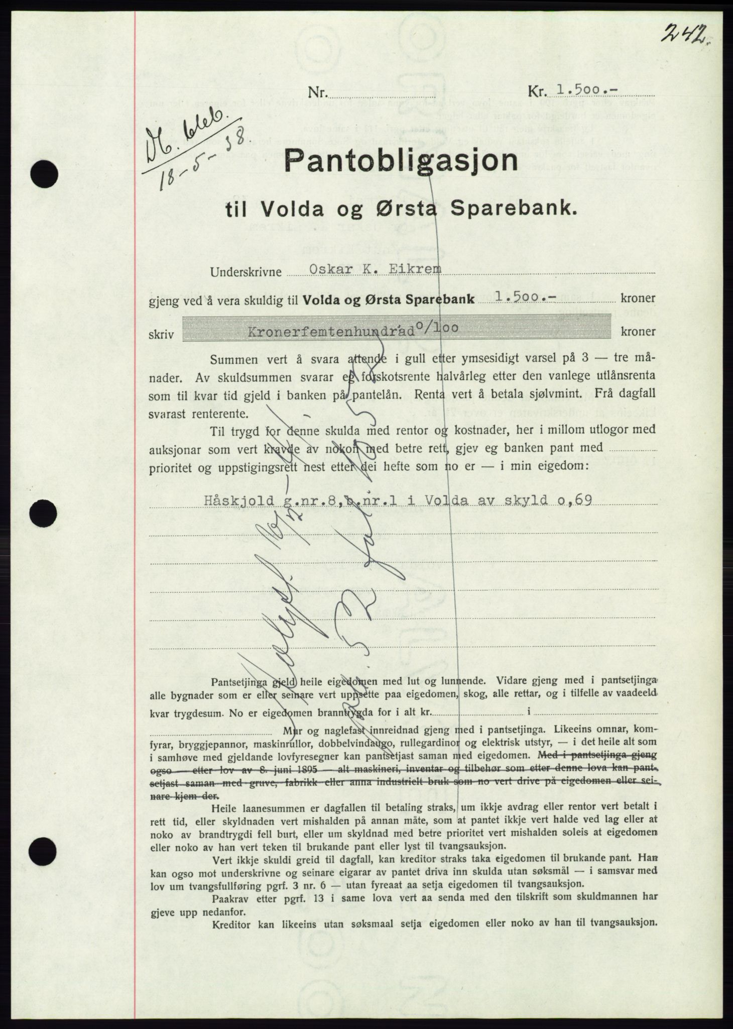 Søre Sunnmøre sorenskriveri, AV/SAT-A-4122/1/2/2C/L0065: Mortgage book no. 59, 1938-1938, Diary no: : 666/1938