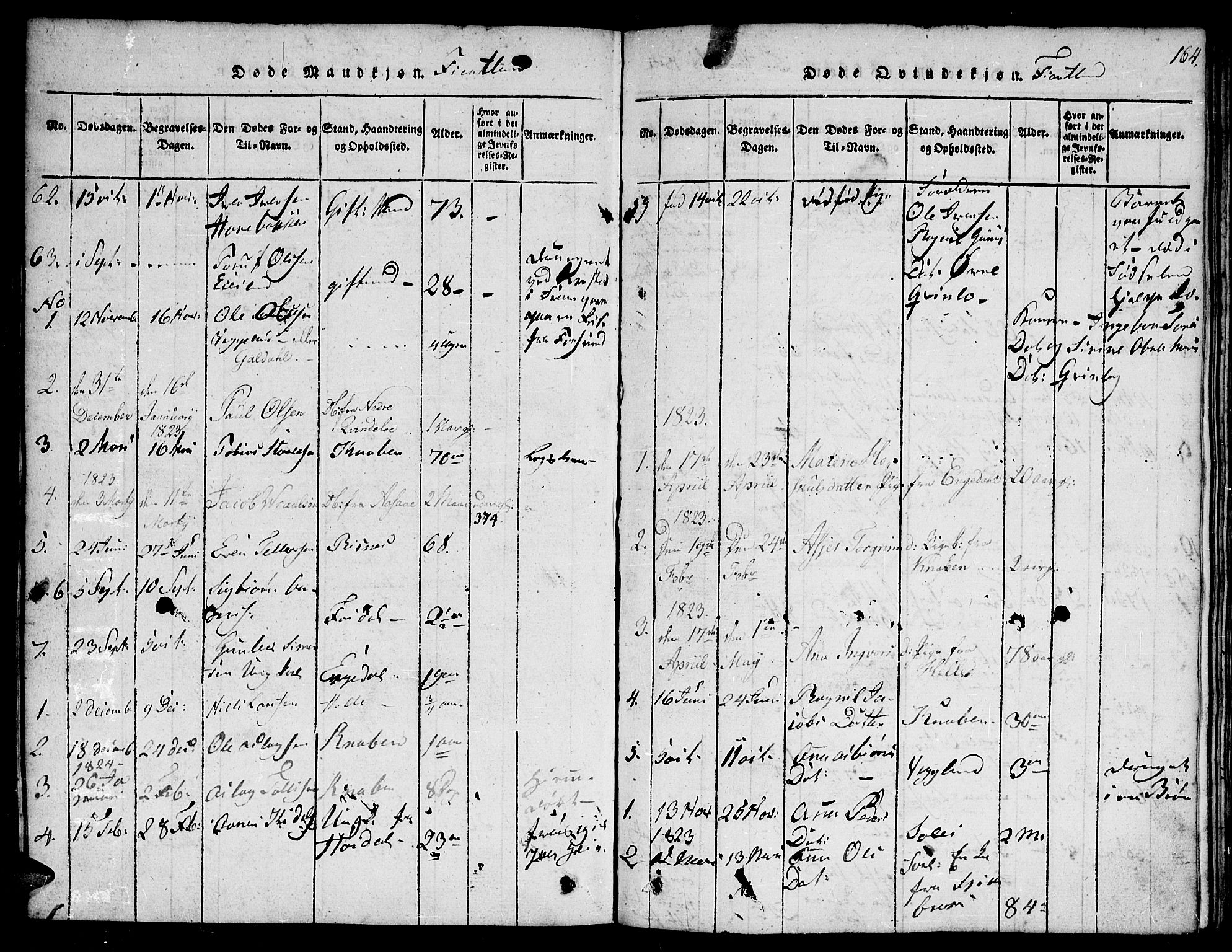 Hægebostad sokneprestkontor, SAK/1111-0024/F/Fa/Faa/L0002: Parish register (official) no. A 2 /3, 1816-1825, p. 164